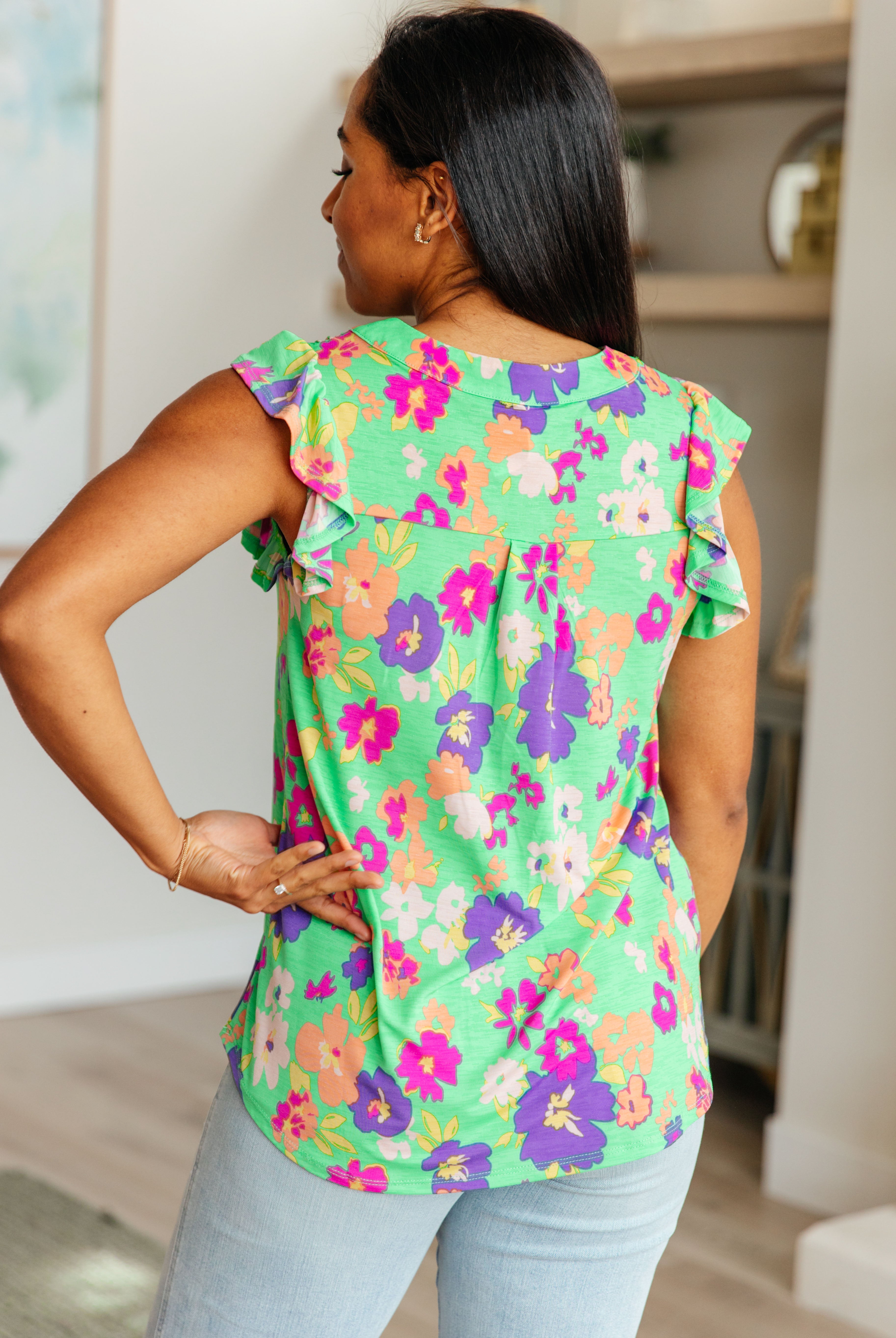 Lizzy Flutter Sleeve Top - Women's Floral Print Blouse in Emerald Green & Purple | Casual Summer Tops for Outfits, Dates & Beach Wear