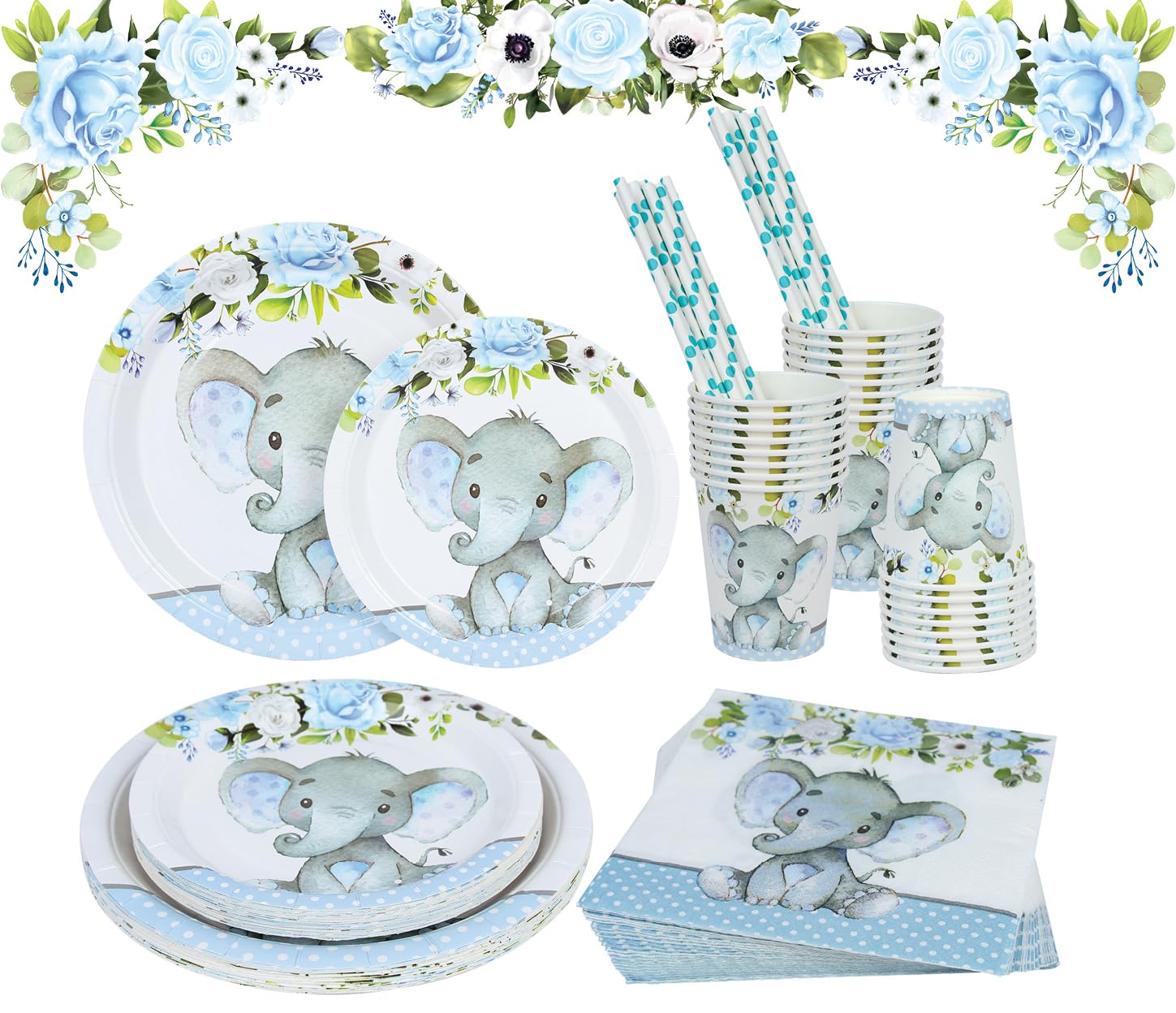 Blue Elephant Baby Shower Party Supplies Set - 24-Piece Dinner Plates, Appetizer Plates, Cups, Straws & Napkins for Gender Reveal & Newborn Celebrations