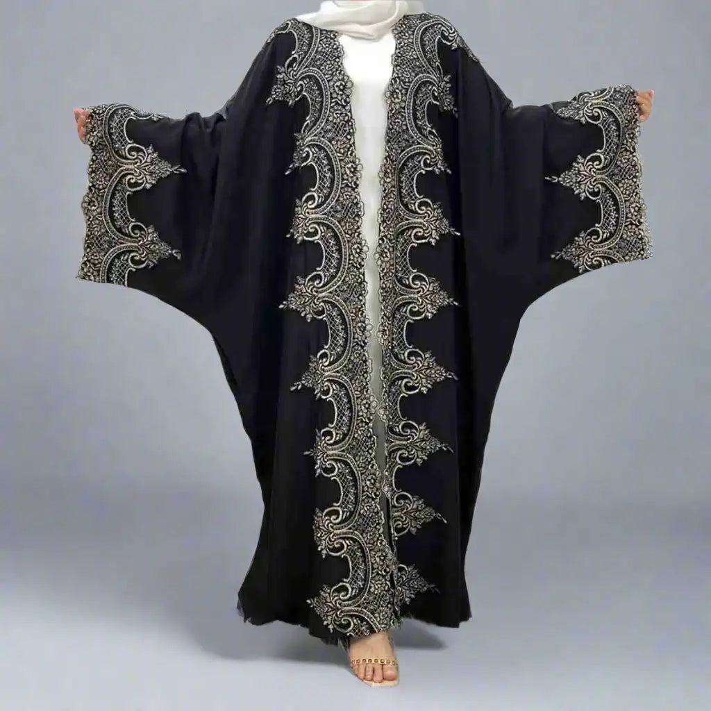 Elegant Lace Batwing Sleeve Muslim Women's Cardigan Farasha Open Abaya Dress - Modest Islamic Fashion for Prayer, Eid & Special Occasions