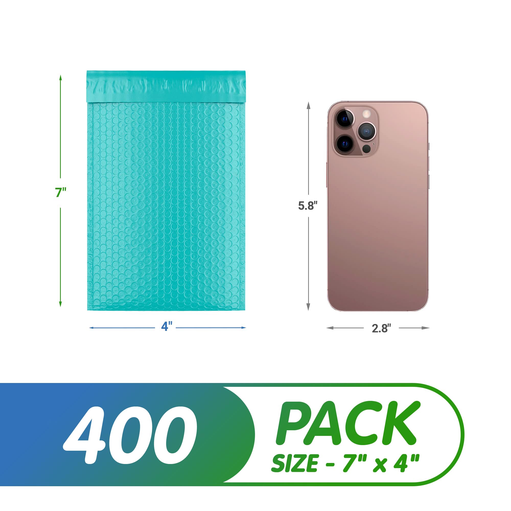 400 Pack 4x7 Inch Teal Poly Bubble Mailers - Self Seal Shipping Envelopes | Durable, Waterproof Padded Mailing Bags for Ecommerce, Small Business & Online Sellers | Perfect for Shipping Jewelry, Crafts & Small Items