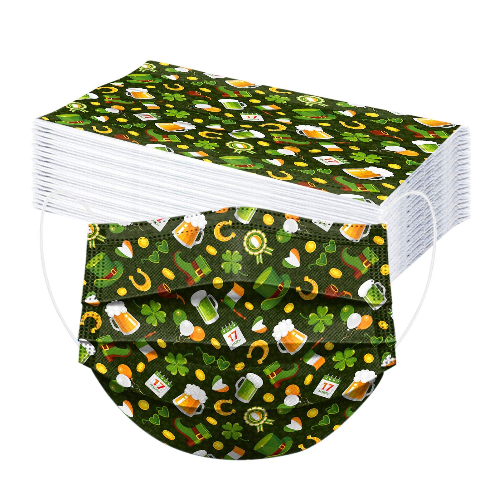 St. Patrick's Day Disposable Face Masks - 30 Pack Green Clover Printed Breathable 3-Ply Masks for Adults (Men & Women) - Perfect for Irish Festivals, Parades and Holiday Celebrations