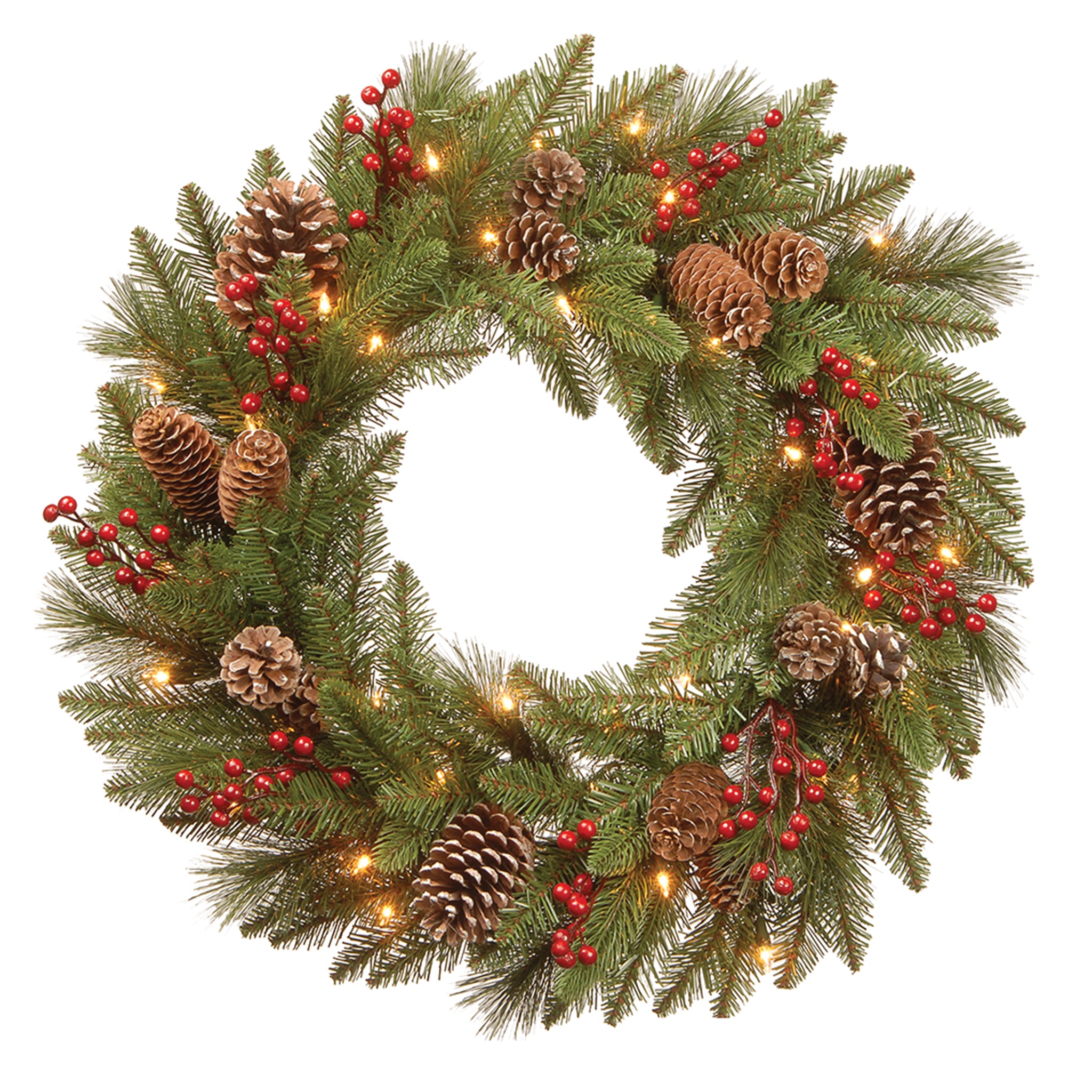 24 Inch Pre-Lit Bristle Berry Christmas Wreath with Warm White LED Lights - Perfect for Holiday Front Door Decor, Fireplace Mantel & Indoor/Outdoor Seasonal Decorations