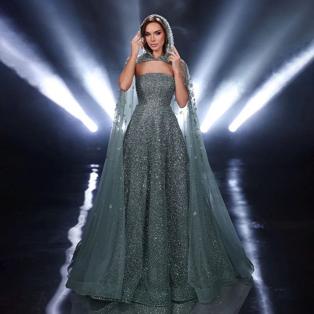 Luxury Dubai Saudi Arabic Turquoise Evening Gown with Beaded Dress & Elegant Hooded Cape - Formal Gowns for Women - Perfect for Weddings, Galas & Special Occasions