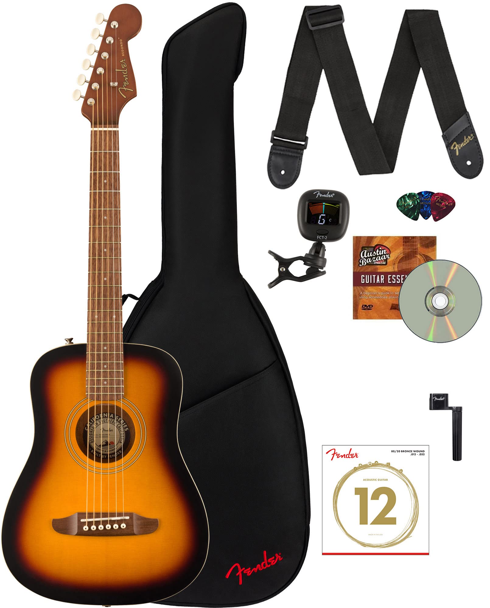 Fender Redondo Mini Acoustic Guitar Bundle with Gig Bag, Strap, Clip-on Tuner, Strings, Picks & Instructional DVD - Sunburst | Perfect for Travel, Beginners & Home Practice