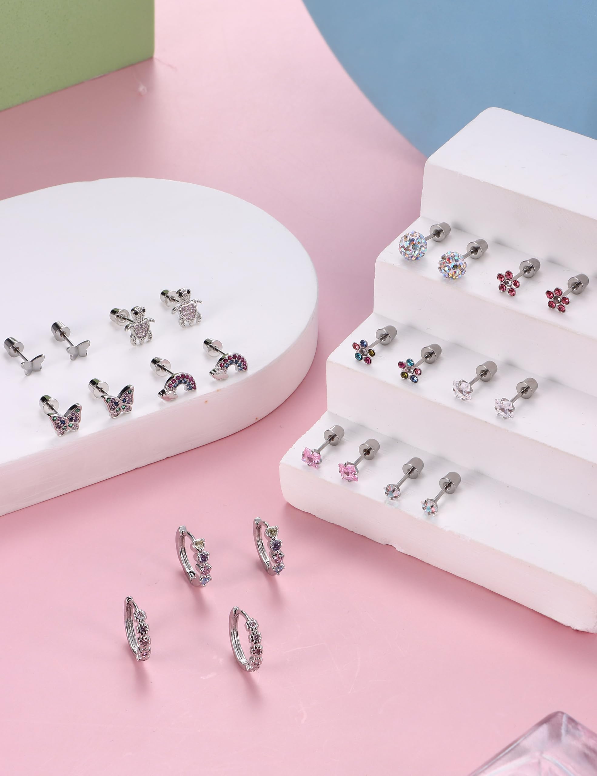 Hypoallergenic Surgical Stainless Steel Earrings for Women & Girls - 12 Pairs Screw Back Stud Earrings with Flower & Butterfly Designs for Sensitive Ears | Cute Hoop & Stud Earrings for Kids, Teens & Adults | Perfect for Daily Wear, Gifts & Special Occasions