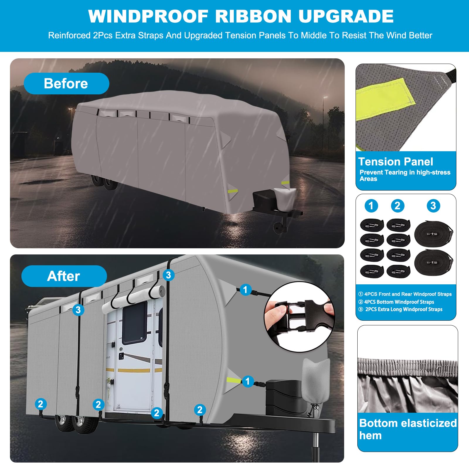 Upgraded 300D Oxford Fabric RV Travel Trailer Cover (14-16 FT) - Waterproof Camper Cover with Tongue Jack Cover & Windproof Ropes | Heavy-Duty Protection for Outdoor Storage & Winter Use