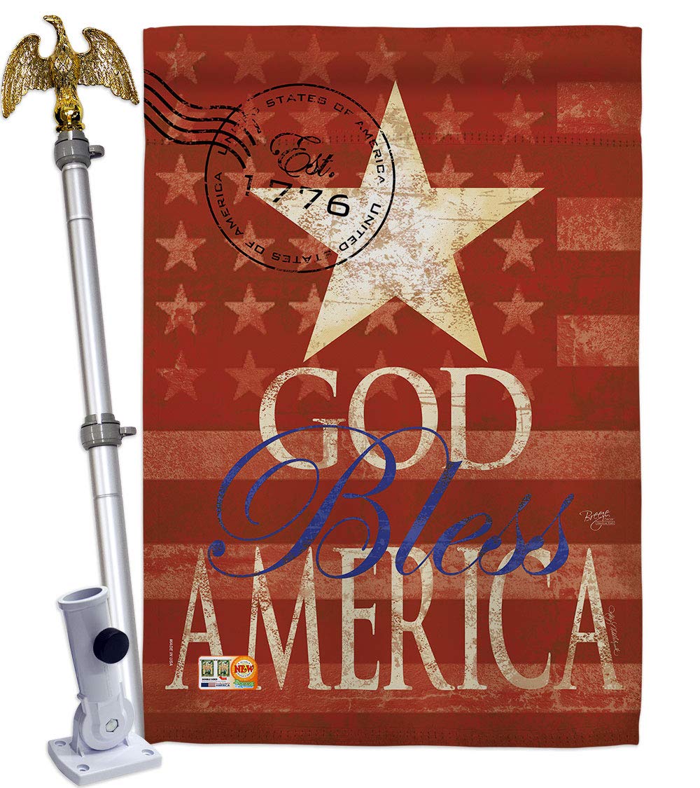 Patriotic God Bless America House Flag Set 28x40 with Pole for Outdoor Decor