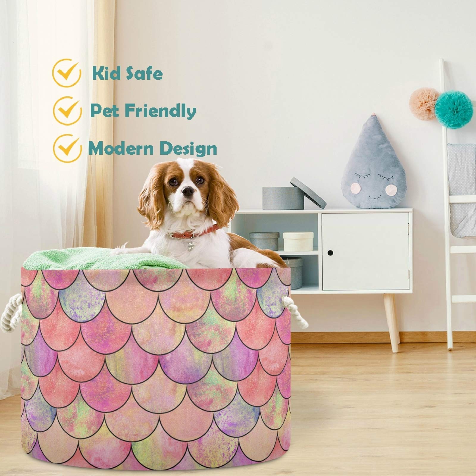 Visesunny Collapsible Large Capacity Storage Basket - Pink Mermaid Scale Design with Durable Cotton Handles | Perfect for Organizing Clothes, Toys, Laundry in Bedroom, Bathroom, Nursery & Closet | Space-Saving Home Organization Solution