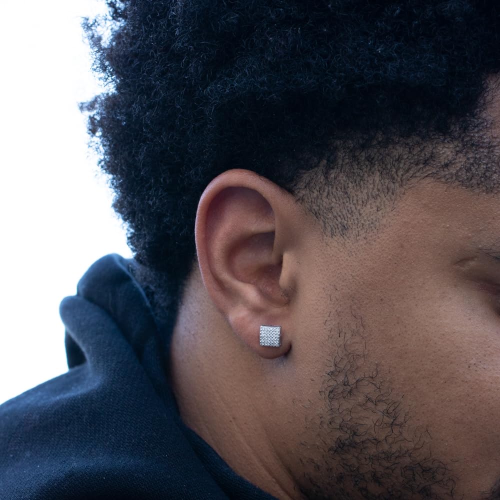 3D Square Iced 5A CZ Stone Micro Pave White Gold Plated 925 Sterling Silver Hypoallergenic Men's Cubic Zirconia Earrings - Screw Back Post Cube Design for Hip Hop Style | Perfect Gift for Husband & Boyfriend | Ideal for Parties, Weddings & Casual Wear