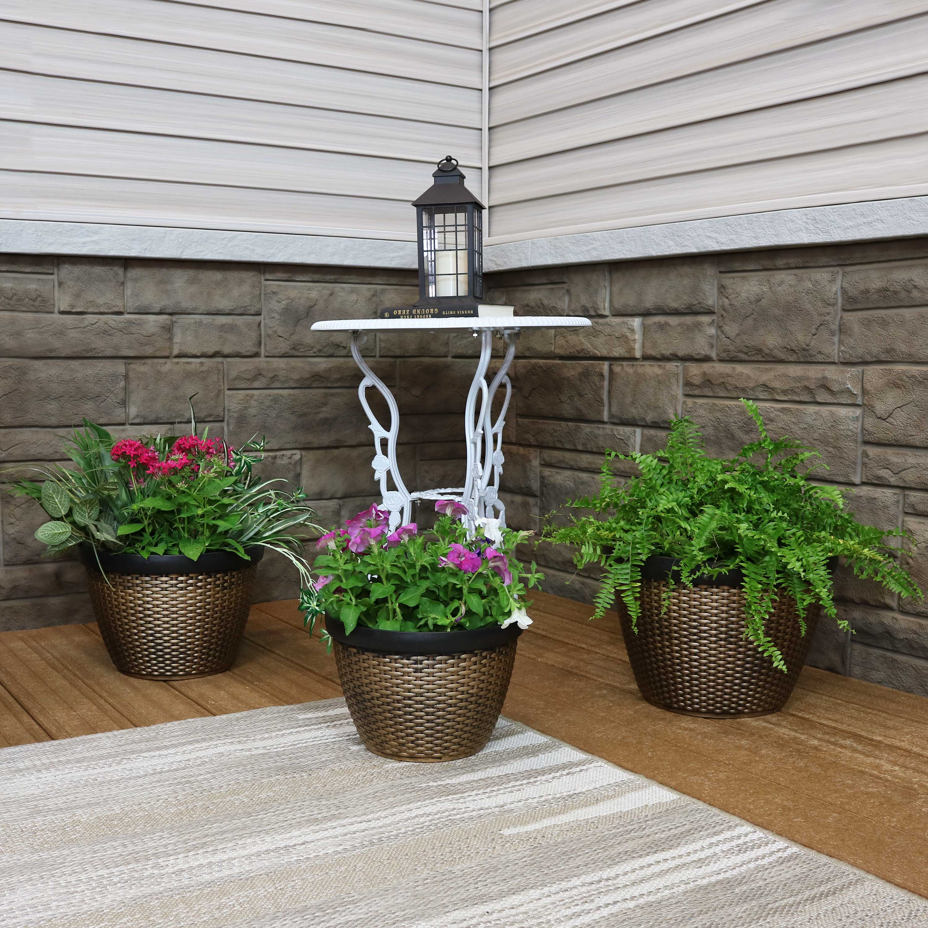 Sunnydaze Resin Faux Basketweave Outdoor Planters - Set of 3 for Patio, Garden, and Porch Decor