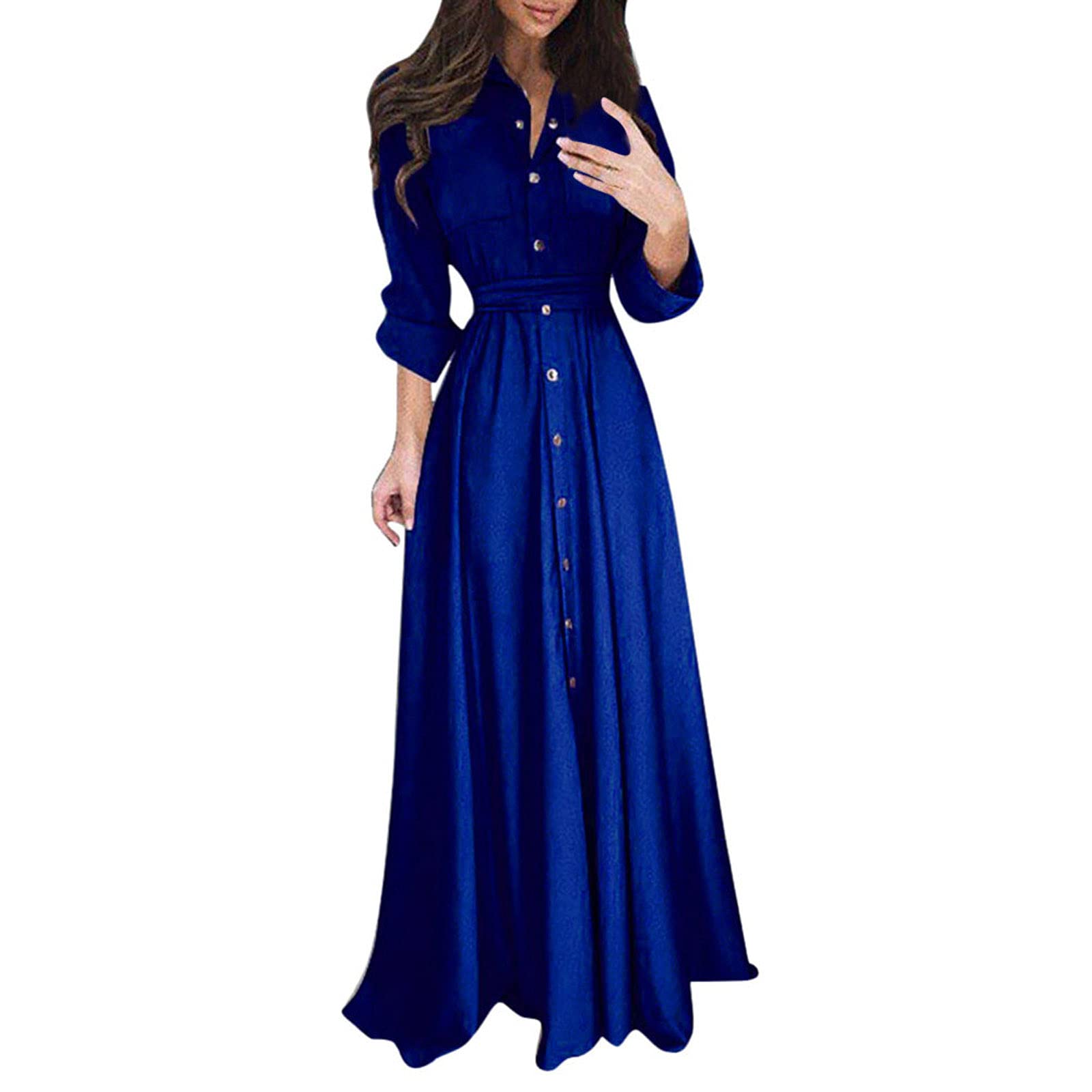 Women's Maxi Dress Button Up Long Sleeve V Neck Belted Shirt Dress - Elegant Party Cocktail & Fall Outfit for Weddings, Date Nights & Office Wear