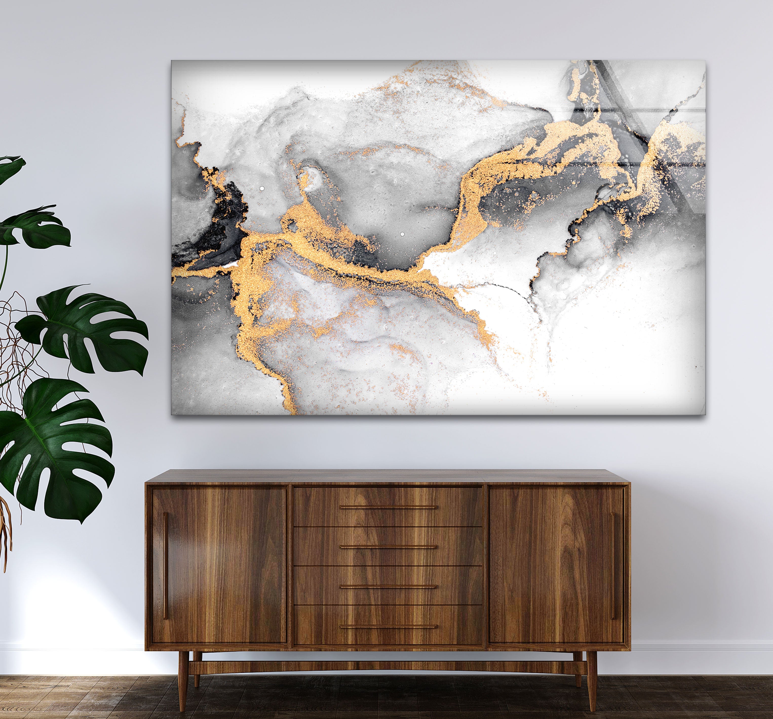Black White and Gold Abstract Wall Art - Minimalist Glass Print for Modern Home & Office Decor | Perfect for Living Room, Bedroom & Office Spaces
