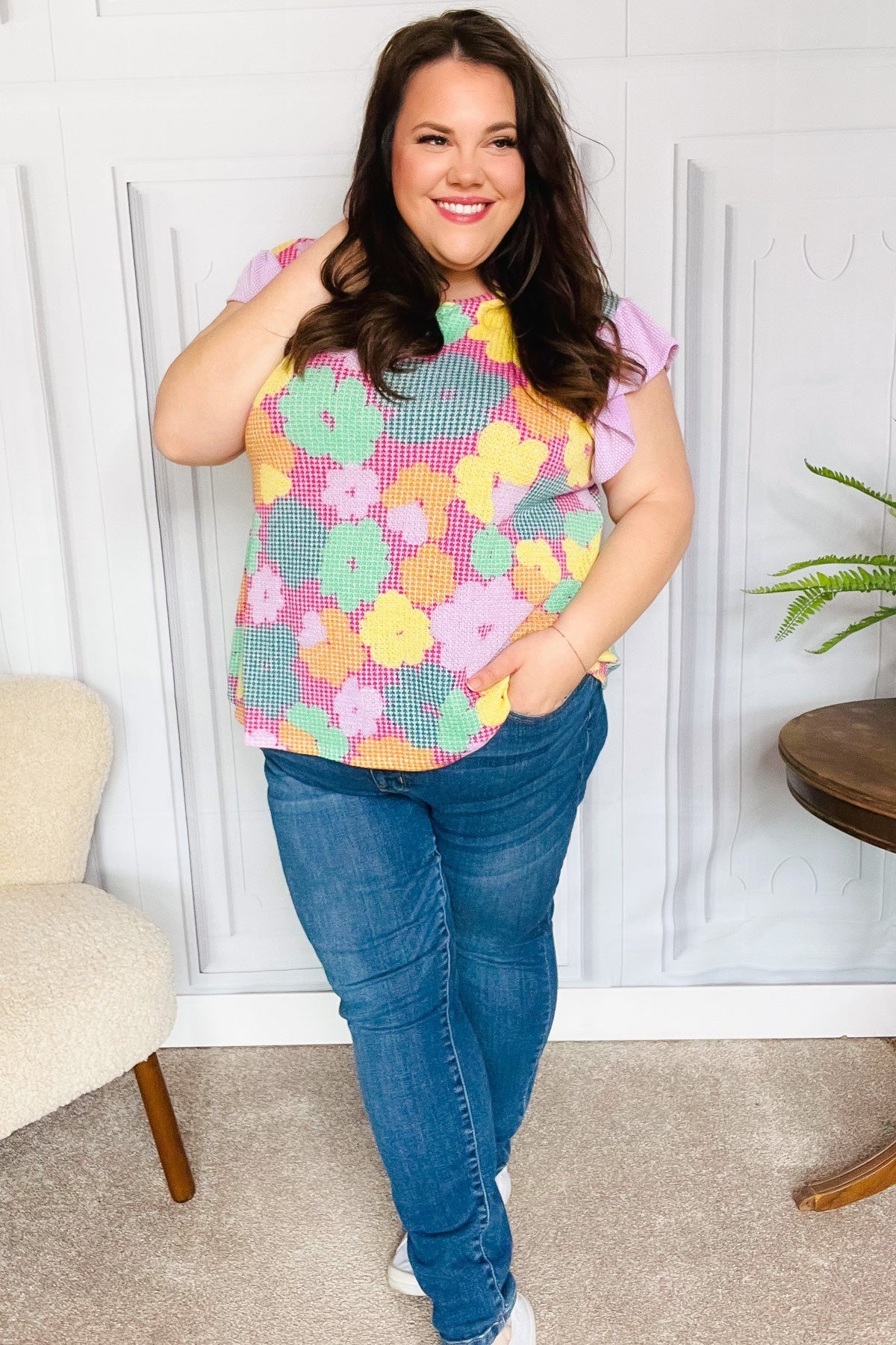 Playful Fuchsia Floral Textured Ruffle Sleeve Top for Women - Trendy Blouse for Casual Outings, Dates & Summer Parties