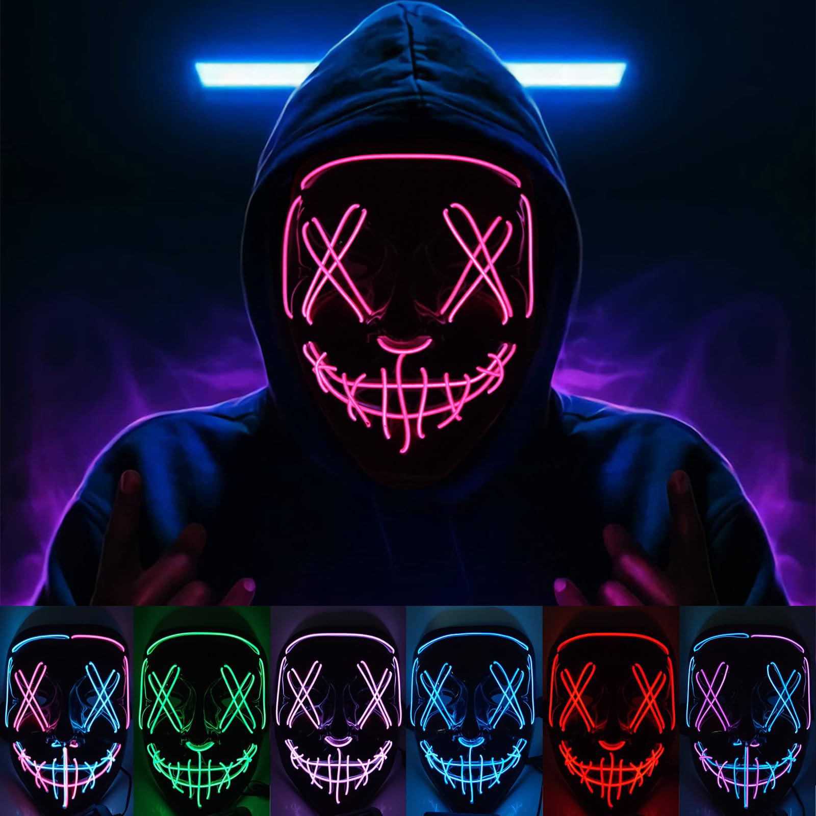 LED Light Up Halloween Mask with 4 Lighting Modes - Scary Scream Purge Mask for Cosplay, Horror Parties & Halloween Festivals - Rechargeable Glow Mask for Night Events & Costume Contests