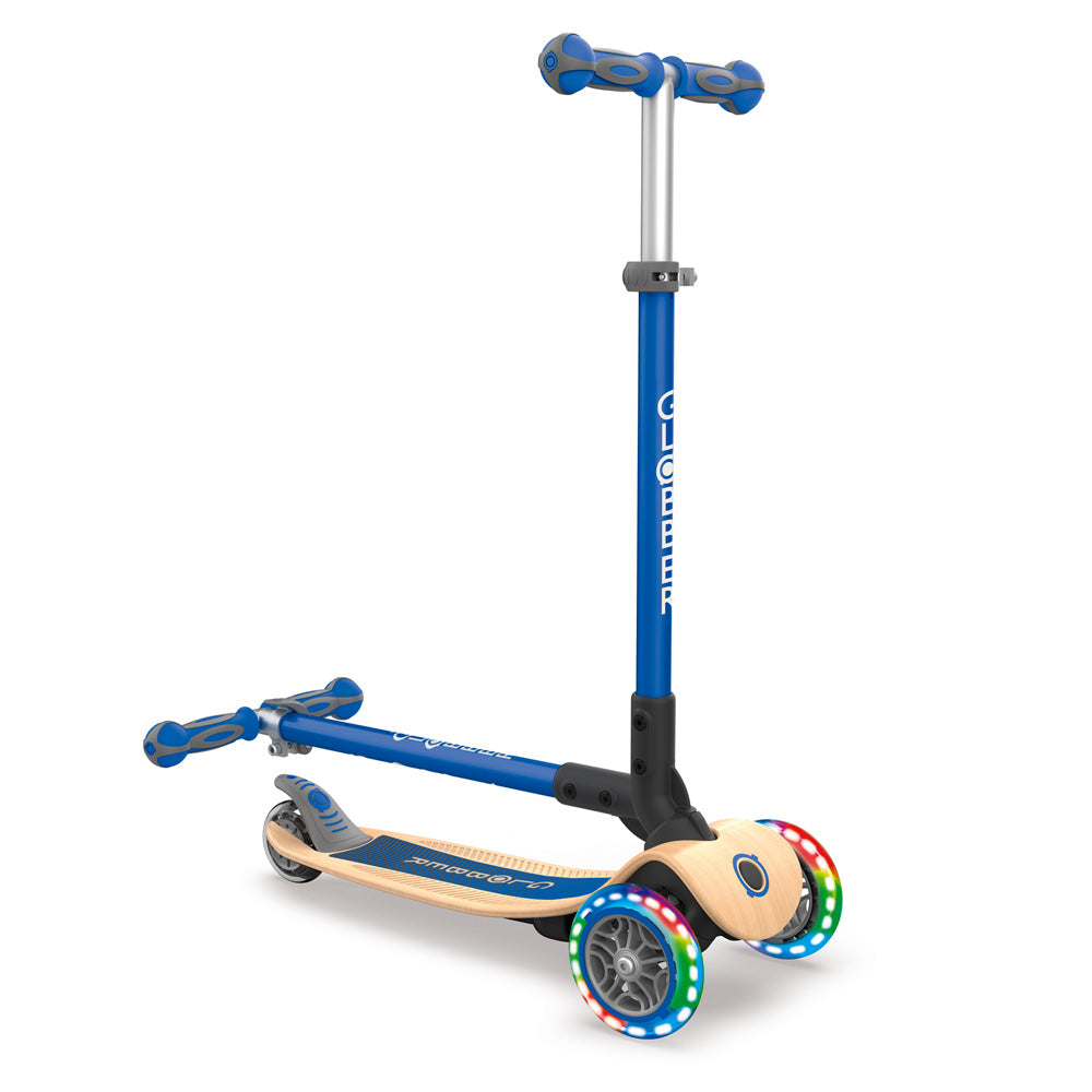 Globber 3 Wheel Primo Foldable Wooden Scooter with LED Lights - Perfect for Kids Outdoor Play, Commuting & Neighborhood Rides