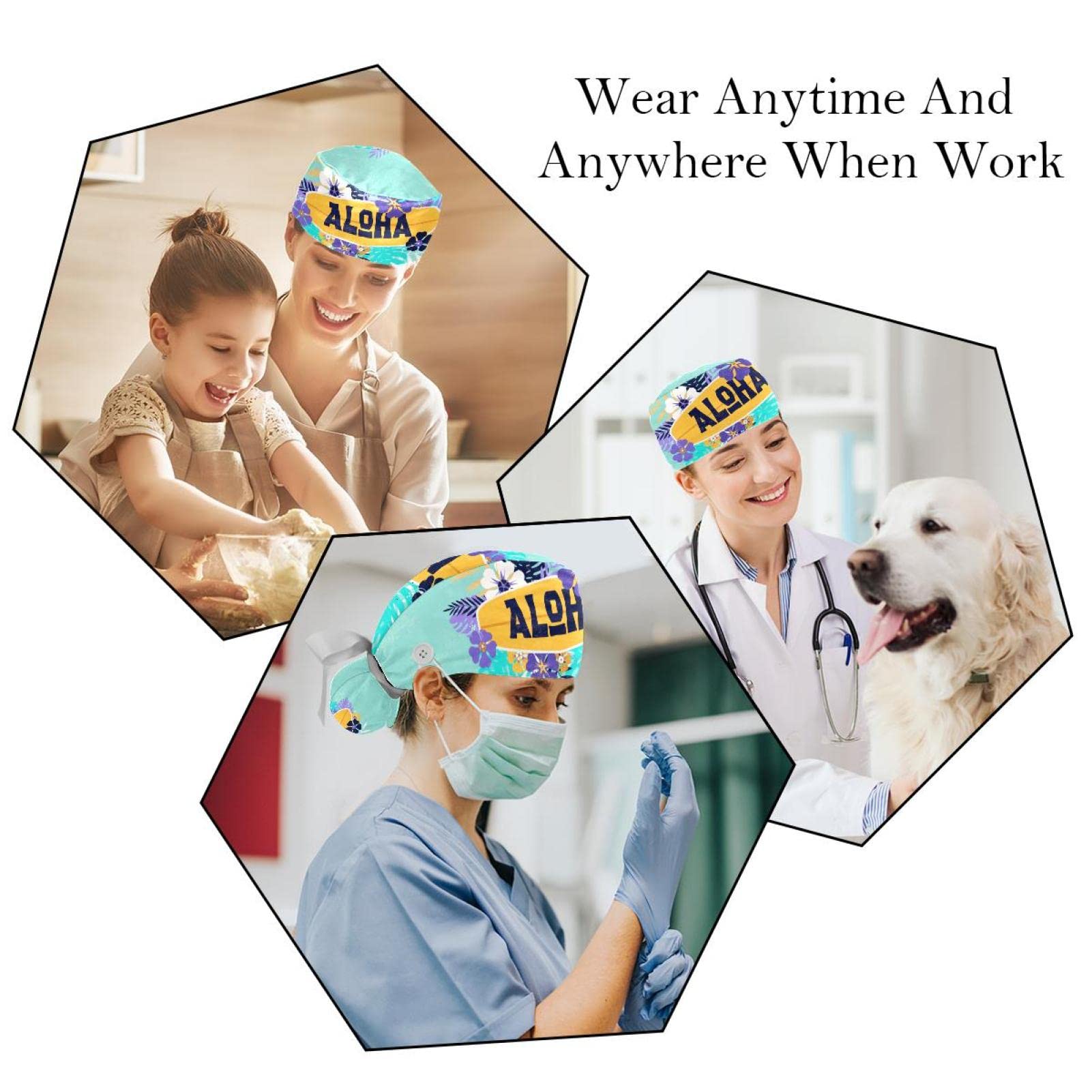 Flamingo Green Animal Print Surgical Scrub Hats for Women & Men - 2 Pack Unisex Tie-Back Working Caps with Button Closure & Sweatband for Long Hair | Perfect for Nurses, Doctors, Healthcare Workers & Veterinary Professionals