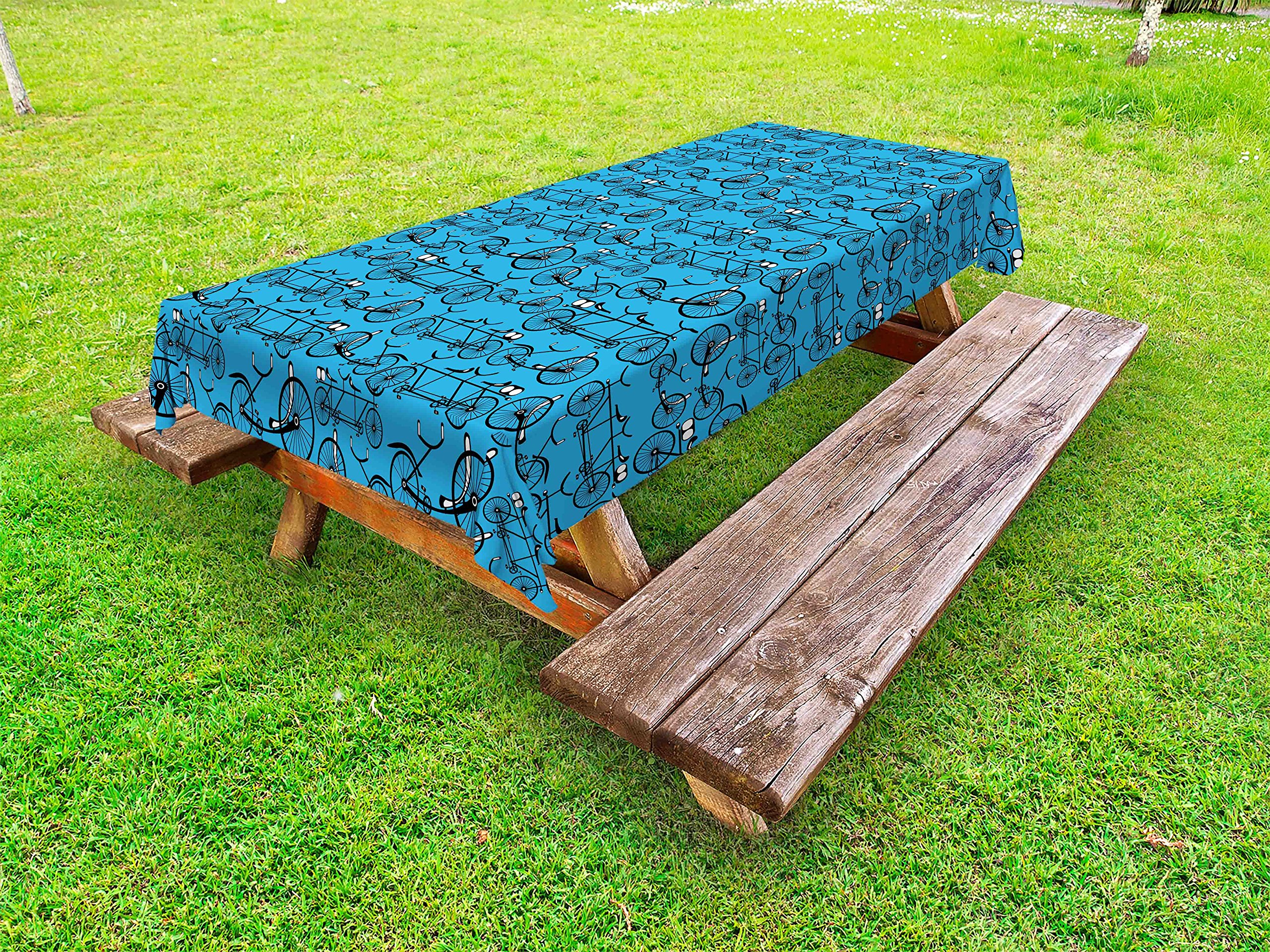 Ambesonne Vintage Bicycle Print Tablecloth - Washable Outdoor Picnic Table Cover 58x120 Inches, Blue Black White Retro Cycling Design - Perfect for BBQs, Camping & Garden Parties