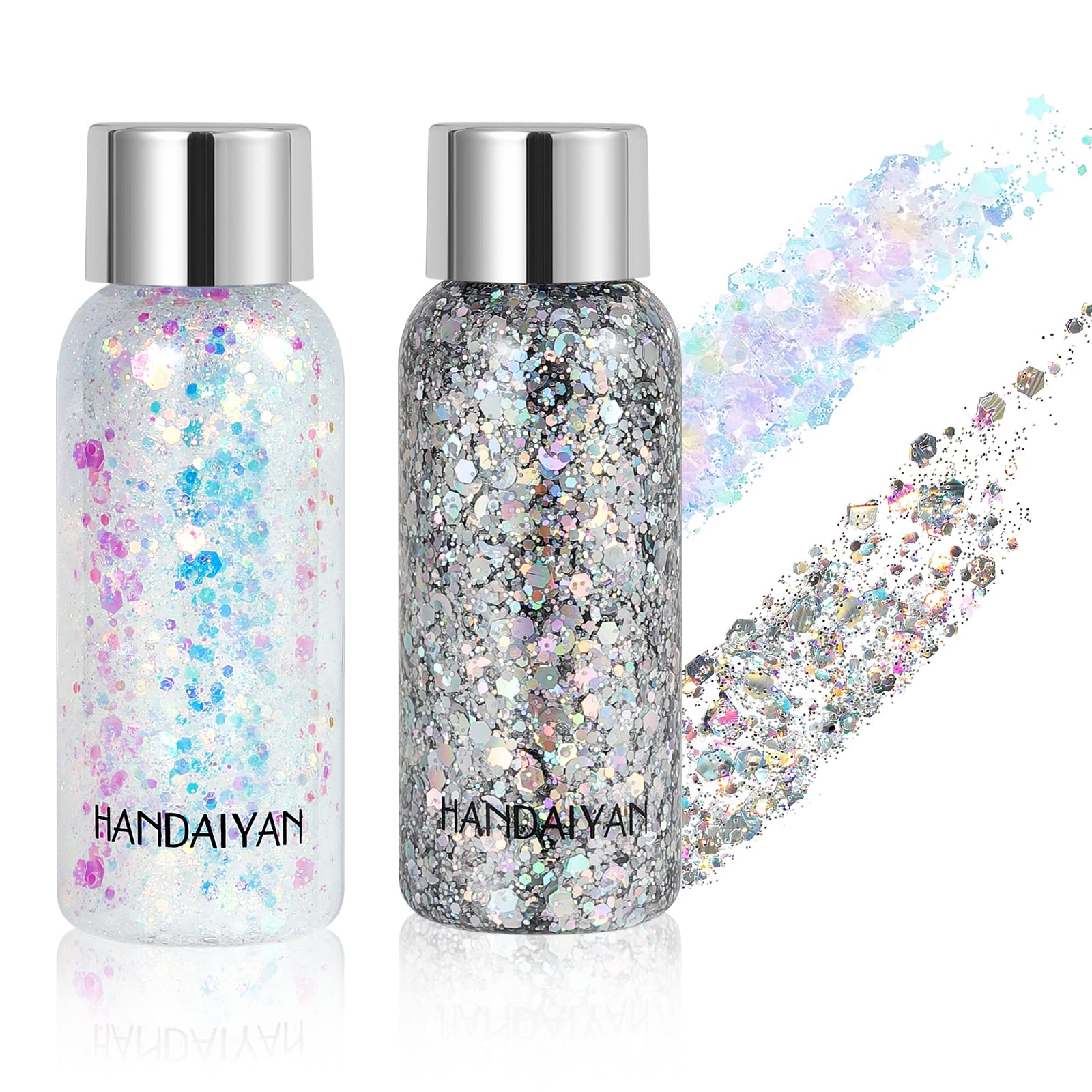 Long Lasting Holographic Body Glitter Gel - 2 Pack (Silver & White) | Waterproof Face, Hair & Nail Glitter Makeup for Women | 9 Vibrant Colors | Perfect for Festivals, Parties & Cosplay