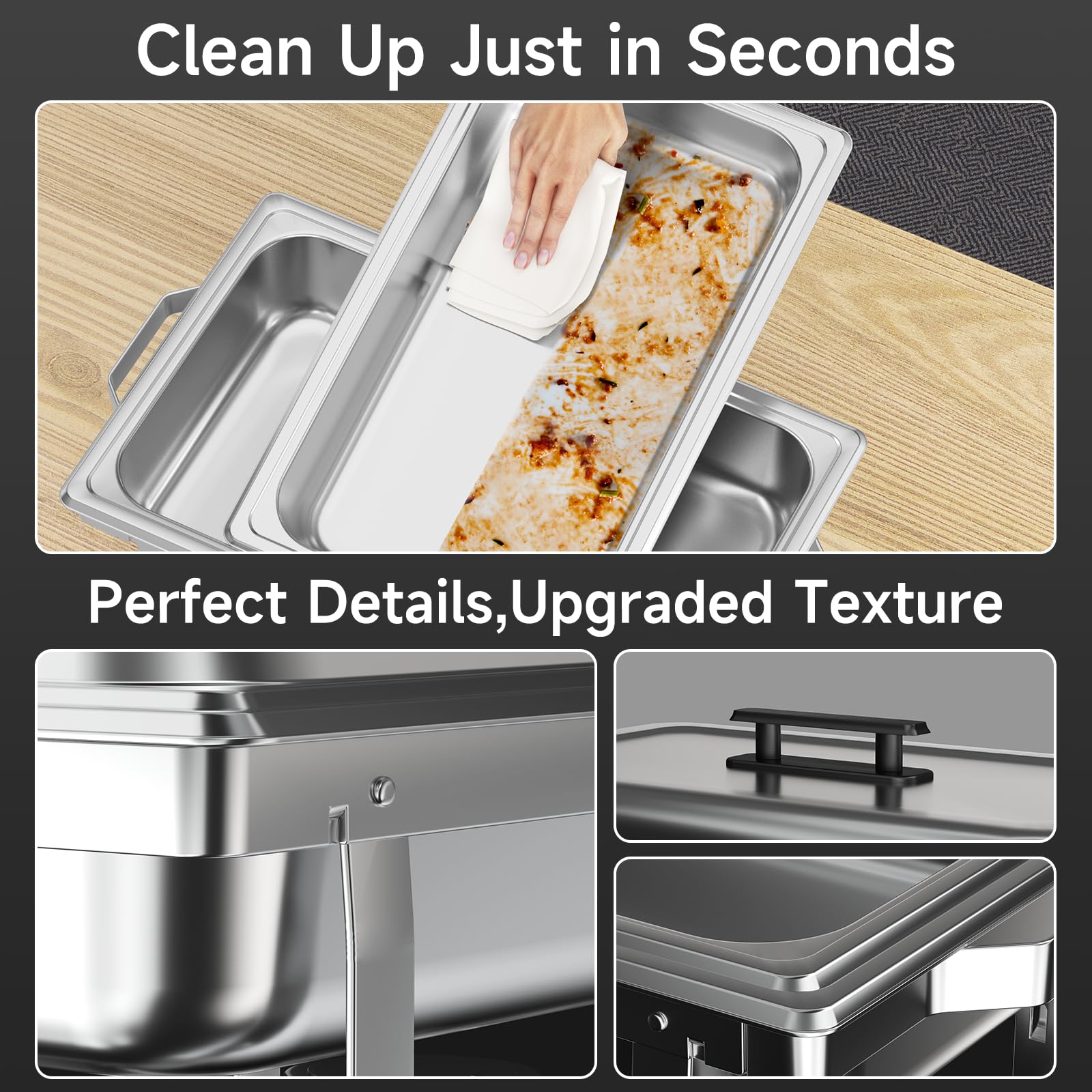 4-Pack 9.5QT Stainless Steel Chafing Dish Buffet Set with Gray Handles - Commercial Grade Catering Supplies for Restaurants, Weddings & Buffet Serving (Silver)
