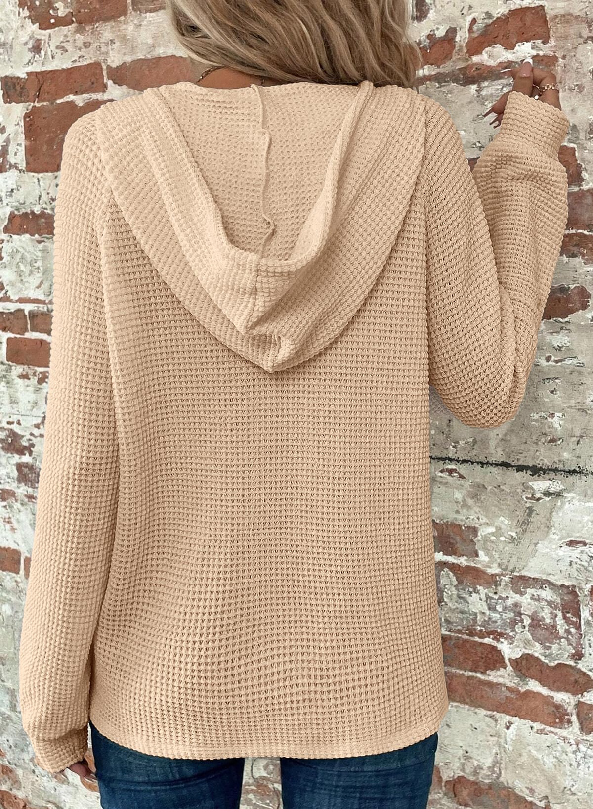 Dokotoo Women's Waffle Knit Hoodie - Long Sleeve Button V-Neck Pullover Sweatshirt with Drawstring | Casual Loungewear for Fall & Winter