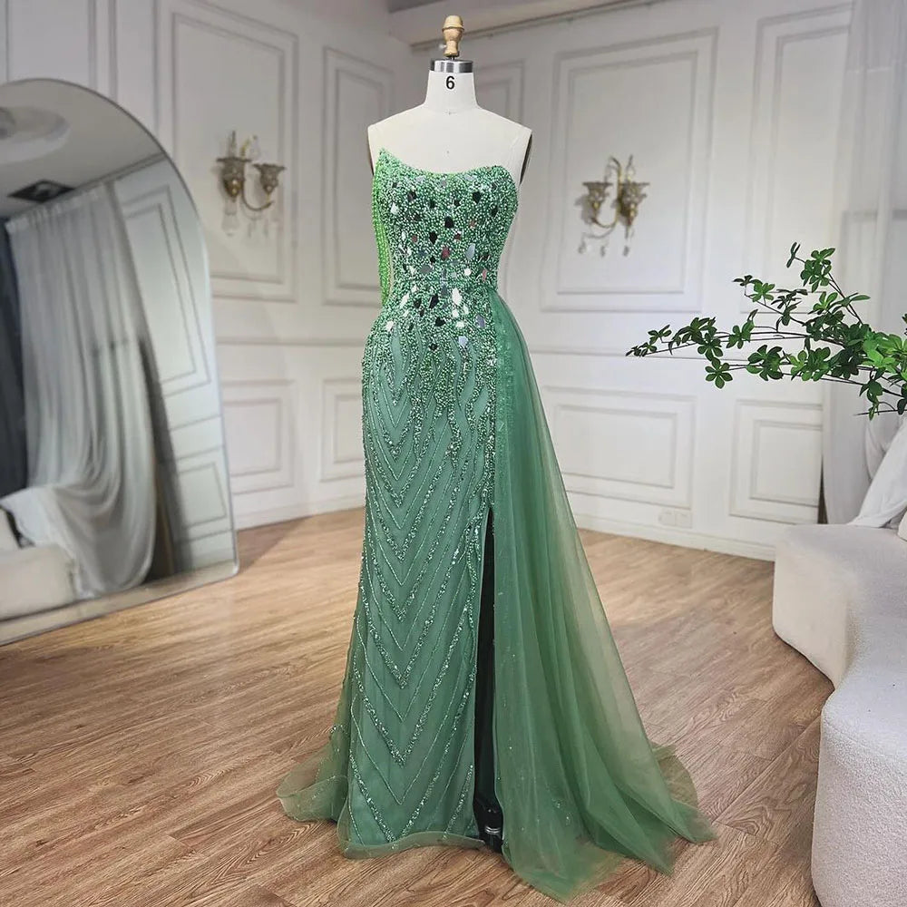 Elegant Green Mermaid Evening Gown with Spaghetti Straps & High Slit - Beaded Sequined Party Dress for Women 2025 | Perfect for Prom, Gala & Formal Events - LA72212
