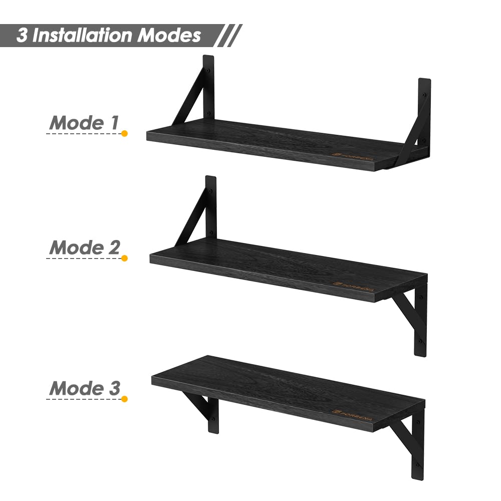 Forbena Black Floating Shelves Set of 3 - Rustic Wooden Wall Shelves for Bathroom, Living Room, Kitchen & Office - Space Saving Storage & Organization Solution - Perfect for Books, Decor & Essentials
