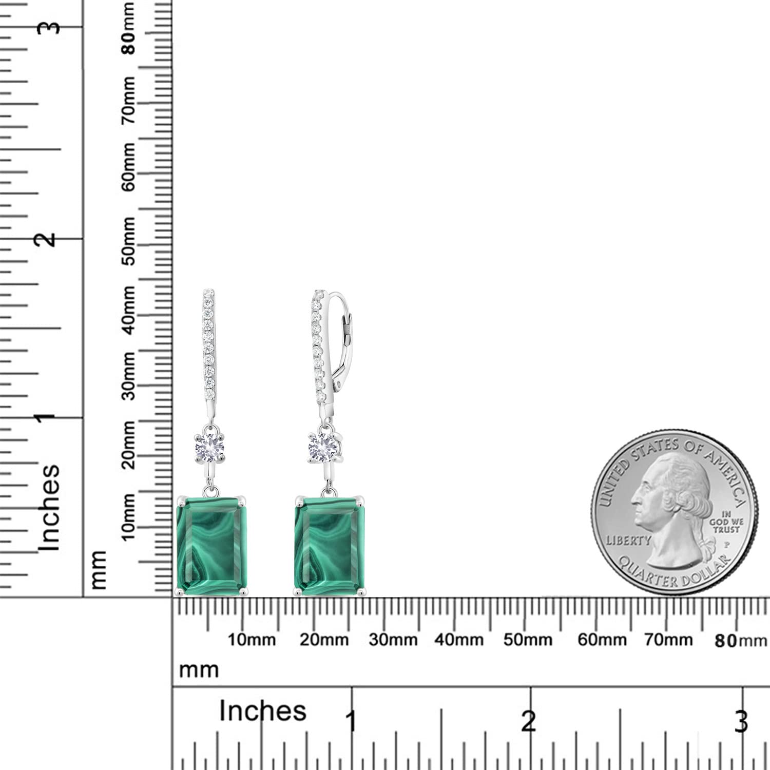 20.80 Ct Green Malachite & White Created Sapphire Sterling Silver Earrings - Gem Stone King | Elegant Dangle Earrings for Women, Perfect for Weddings, Parties & Special Occasions