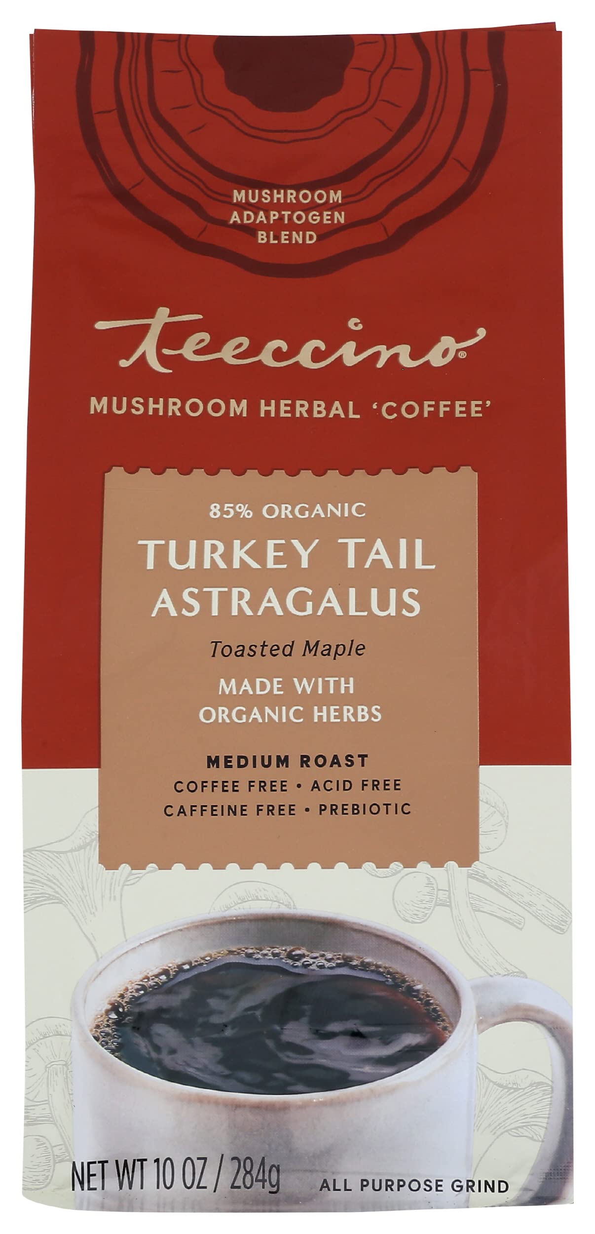 Teeccino Mushroom Adaptogen Coffee Alternative - Turkey Tail & Astragalus Toasted Maple Flavor | Caffeine-Free Herbal Coffee for Energy, Gut Health & Immune Support | 10 Oz (Pack of 6) | Perfect for Morning Routine, Afternoon Pick-Me-Up & Wellness Lifestyle