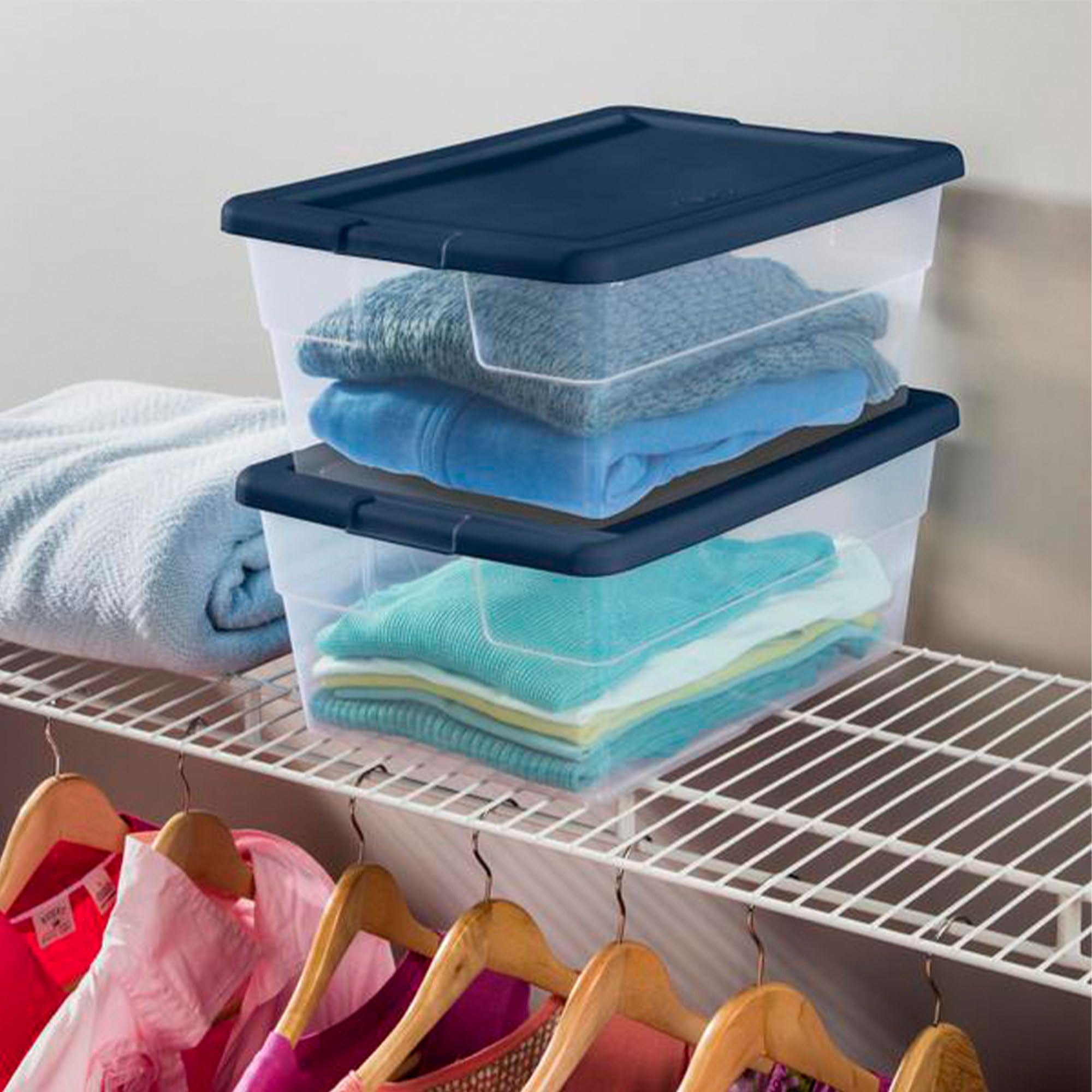Sterilite 16 Quart Clear Stackable Storage Bins with Handles & Blue Lids - 48 Pack for Home Organization, Closet, Garage, and Office Storage Solutions