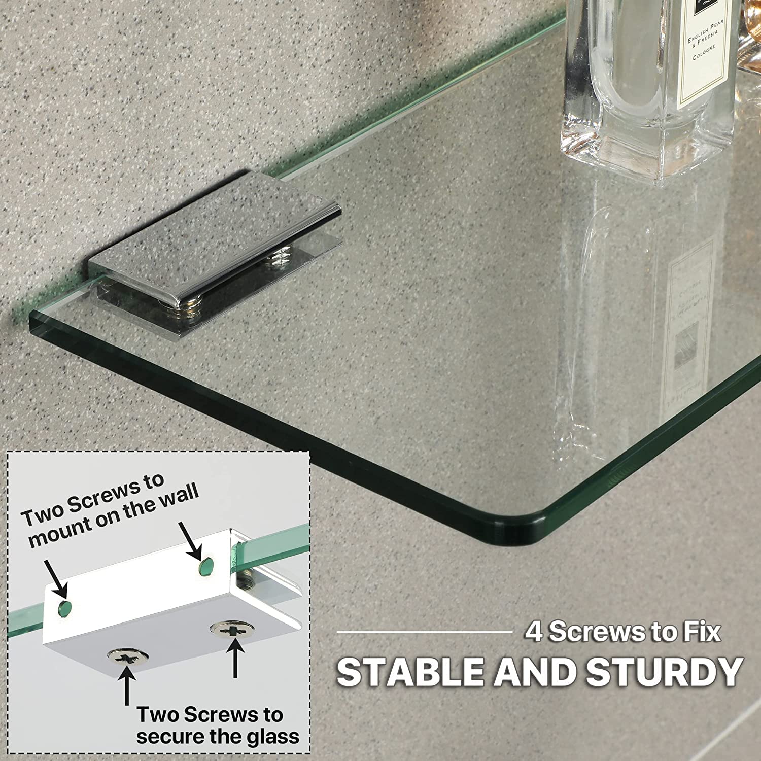 SAYAYO Floating Glass Shelves for Bathroom - 2 Pack 15x5 Inch Thick Tempered Glass Wall Shelves (7mm/2 Inch) - Clear Bathroom Storage for Shower, Vanity & Home Decor