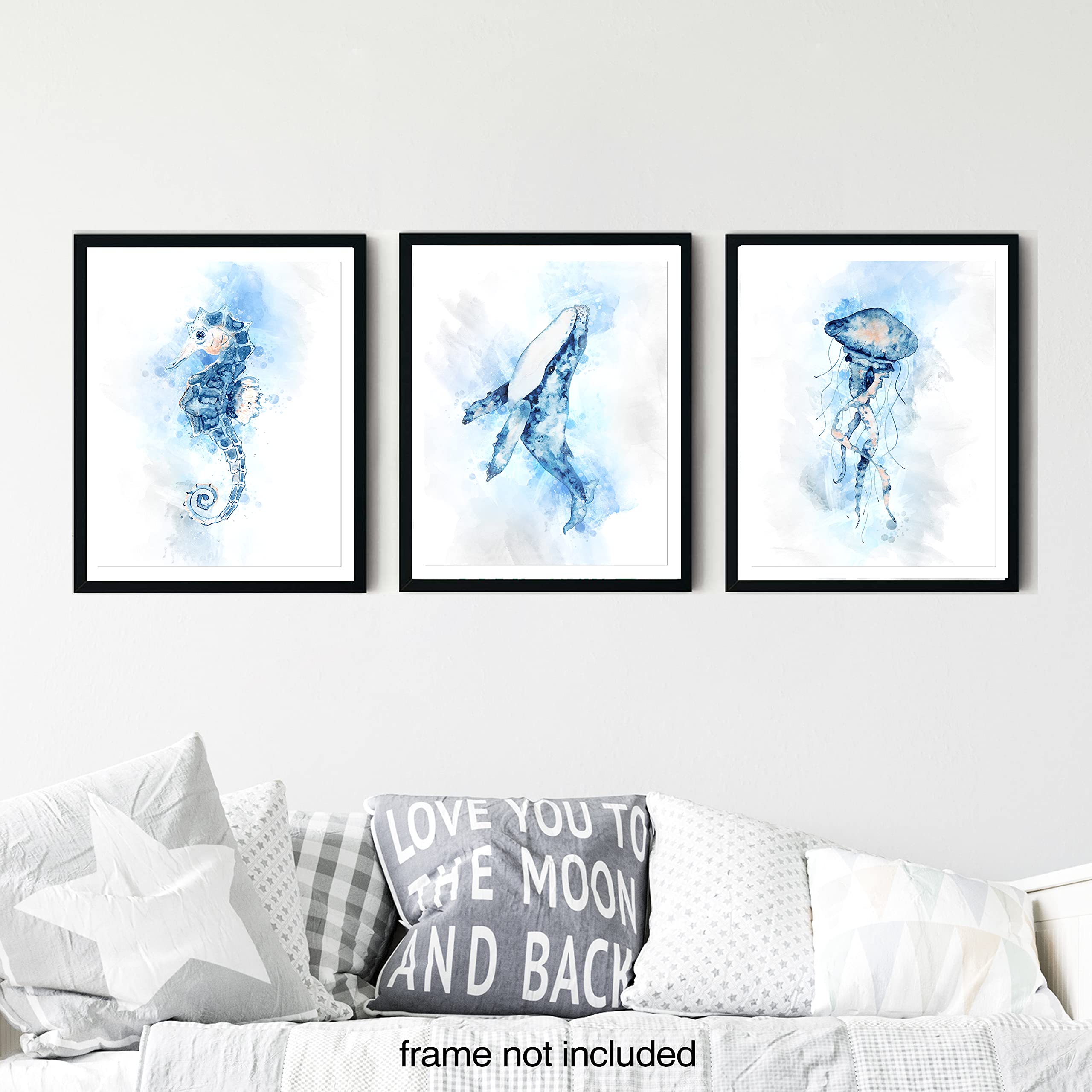 Ocean Wall Art Posters - Set of 4 Unframed 8x10 Nautical Decor, Blue Whale Seahorse Jellyfish Art, Coastal Bathroom Decor | Perfect for Beach House, Bathroom Wall Decor, Coastal Living Room & Nautical Theme Bedroom