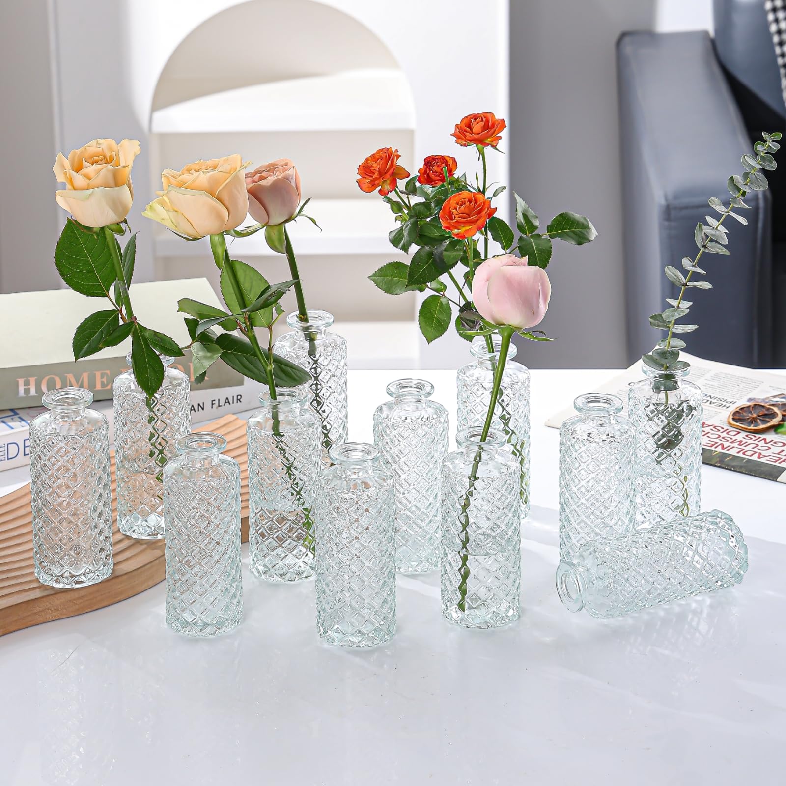 12-Piece Clear Glass Bud Vases Set - Small Diamond Cut Mini Flower Vases for Wedding Centerpieces, Table Decor, Office & Home Decor | Perfect for Wedding Receptions, Dining Tables, and Floral Arrangements