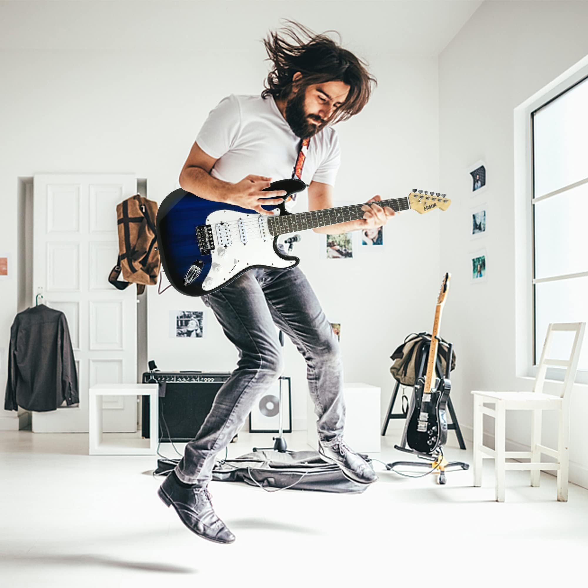 **Ermik Solid Body Electric Guitar Kit with 20W Amp, Strings, Strap, Digital Tuner, Picks, Gig Bag, Cable, Tremolo Bar – 39