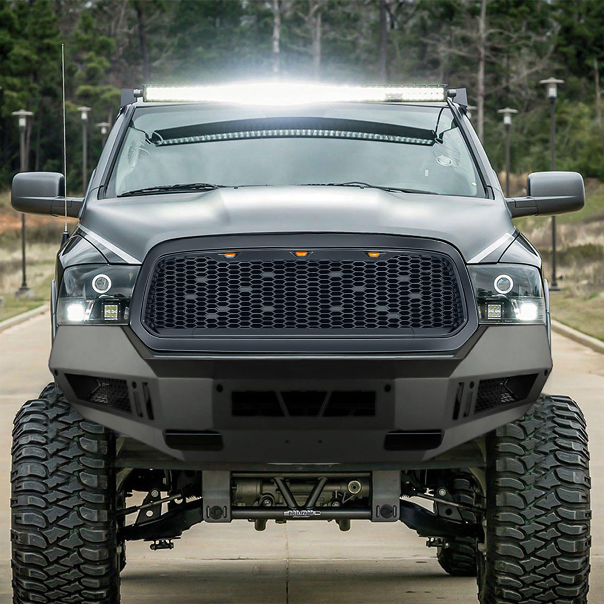 2013-2018 Dodge Ram 1500 Replacement Front Grille with Amber Lights - Matte Black Mesh Grill for Off-Road & Truck Customization | Enhanced Style & Durability for Pickup Trucks
