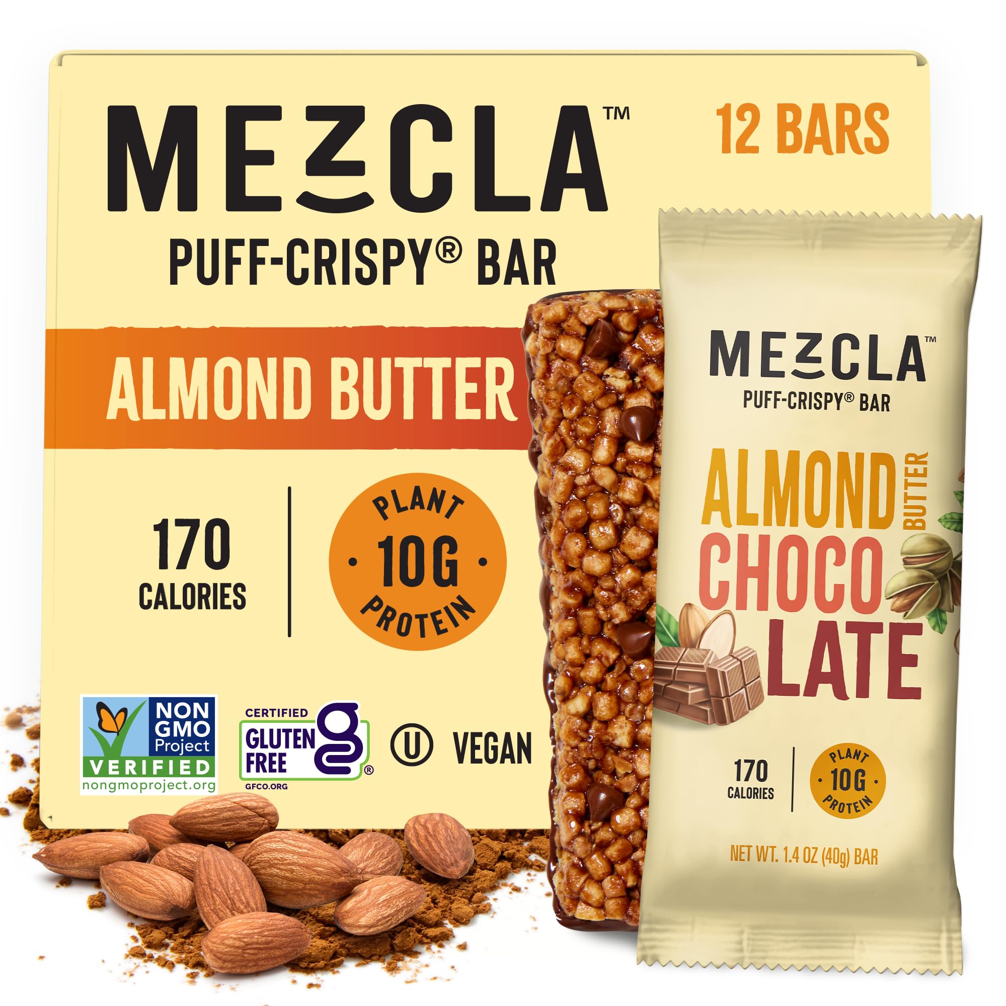 Vegan Protein Bars with Dark Chocolate & Almond Butter - Gluten Free, 10g Pea Protein, Healthy Snacks Pack of 12 | Post-Workout Recovery, On-the-Go Energy, Keto & Plant-Based Diet Friendly