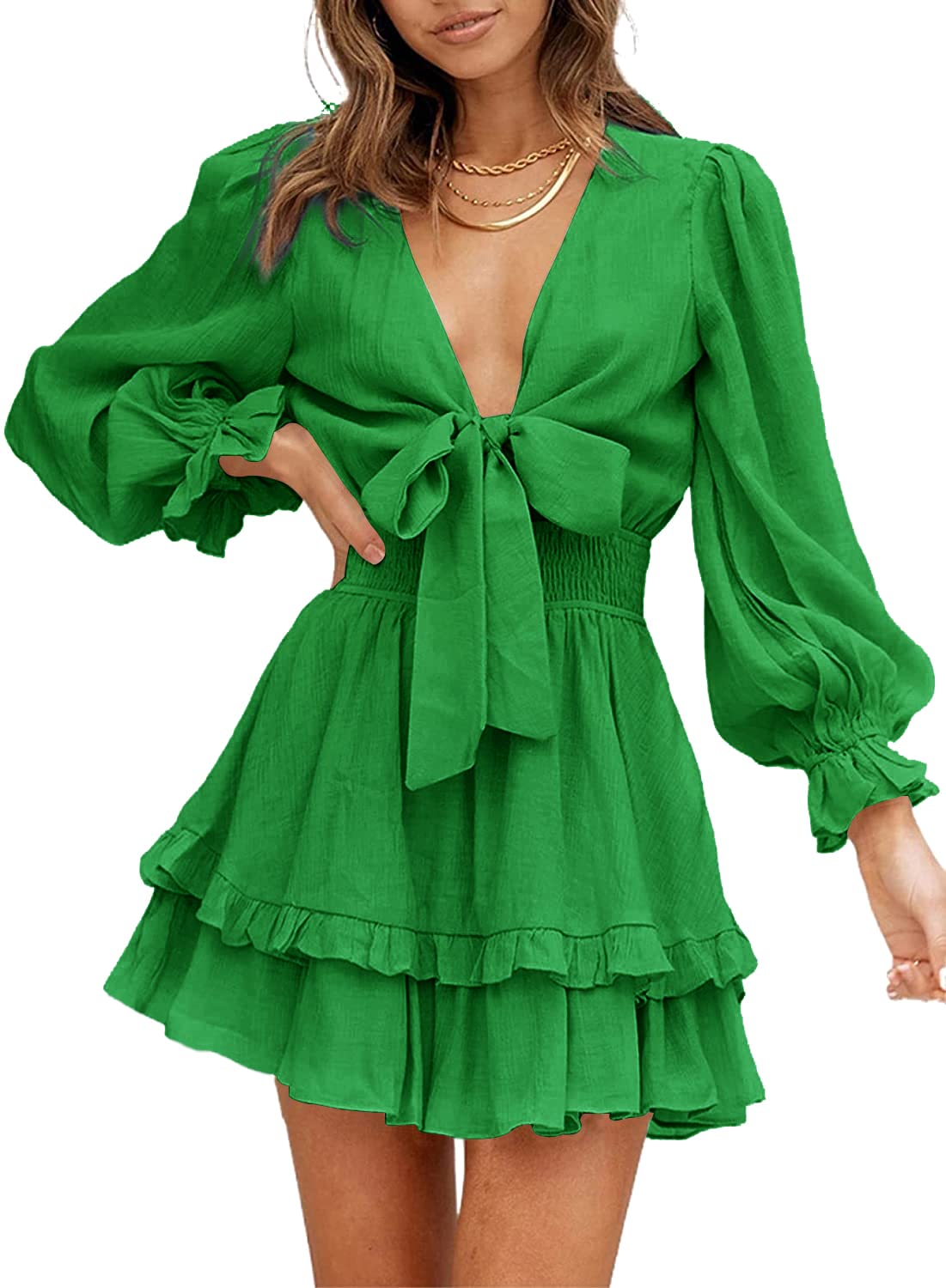 SySea Women's Summer Mini Dress - Tie Front V-Neck Long Sleeve Ruffle Swing A-Line Dress for Wedding Guest, Party, Date Night & Special Occasions