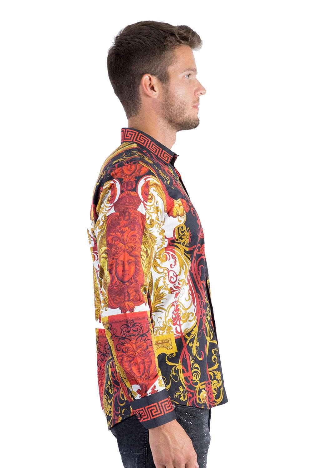 Barabas Men's Greek Pattern Medusa Rhinestone Shirt - Stylish Red Casual Button Down Shirt for Men, Size M | Perfect for Parties, Date Nights & Fashion Events