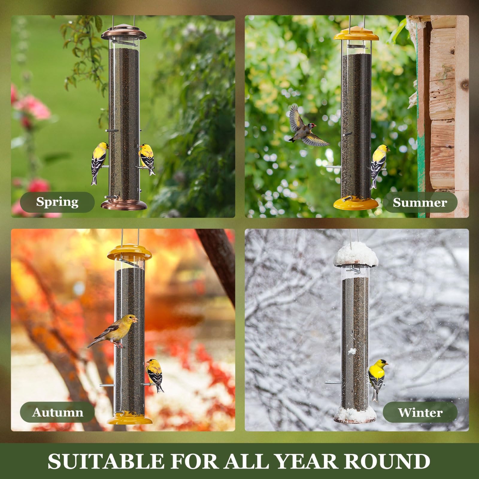Kingsyard Metal Finch Feeder for Thistle/Nyjer Seed - 2 lbs Large Capacity Tube Bird Feeder for Outdoor Hanging - Easy to Fill & Clean - Antique Copper Finish - Perfect for Backyard Birdwatching & Attracting Wild Finches