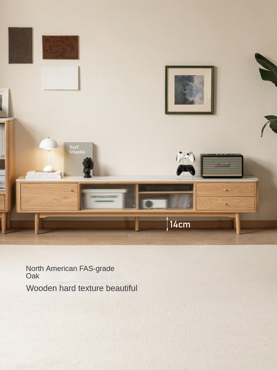 Solid Oak Wood Sliding Door TV Stand with Natural Rock Slab Surface - Modern Entertainment Center for Living Room & Home Theater
