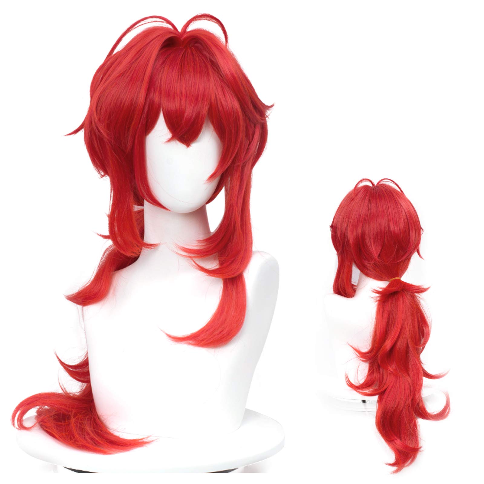Premium Red Half and Half Diluc Cosplay Wig - Long Spiky Layered Anime Wig with Bangs for Unisex Women & Men | Perfect for Genshin Impact Cosplay, Halloween Costumes, and Anime Conventions