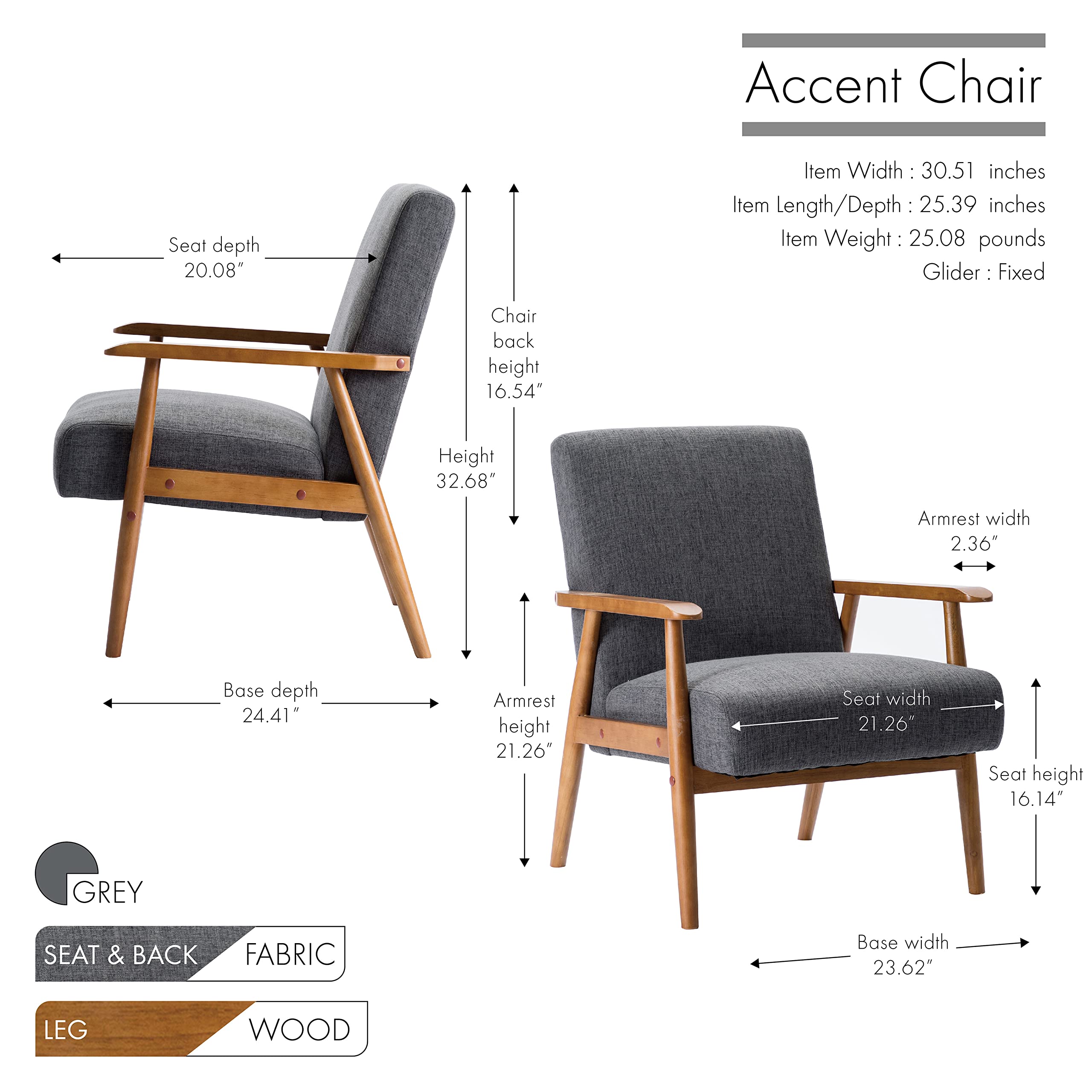 Porthos Home Gelso Modern Accent Chair - Soft & Durable Fabric Upholstery with Thick Firm Cushions, Sturdy Rubberwood Legs & Armrests - Perfect for Living Room, Bedroom or Office Reading Nook