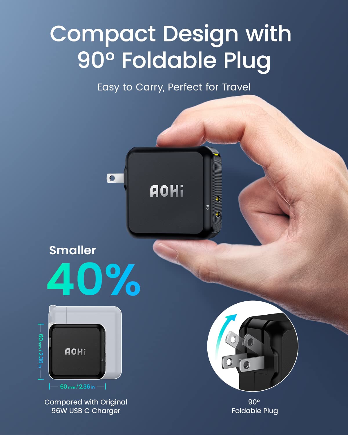 AOHI 100W 2-Port Foldable GaN USB C Fast Charger with LED Display - Includes USB C to C & USB C to Lightning Cable (4FT) - Perfect for MacBook, iPhone, iPad & Travel Charging