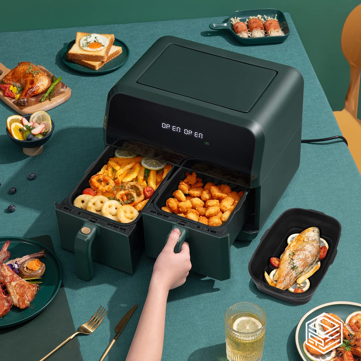 Vicloon 2-Pack Silicone Air Fryer Basket - 7.7 x 5.3 x 2 Inches, Foldable & Reusable Non-Stick Cooking Pot for Air Fryers - Perfect for Roasting Vegetables, Baking, and Reheating Food (Black)