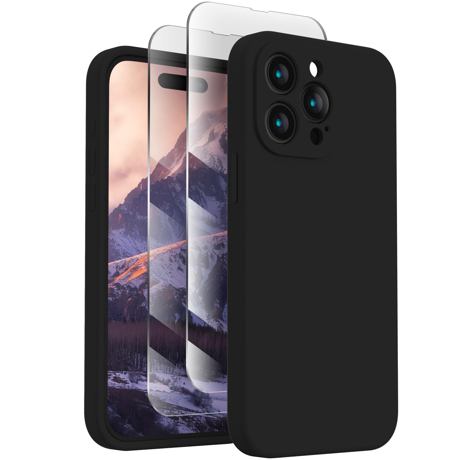 FireNova Premium Silicone Case for iPhone 15 Pro - 6.1 Inch Shockproof Phone Cover with Camera Protection & 2 Tempered Glass Screen Protectors, Soft Anti-Scratch Microfiber Lining - Perfect for Daily Use, Travel & Outdoor Activities (Black)