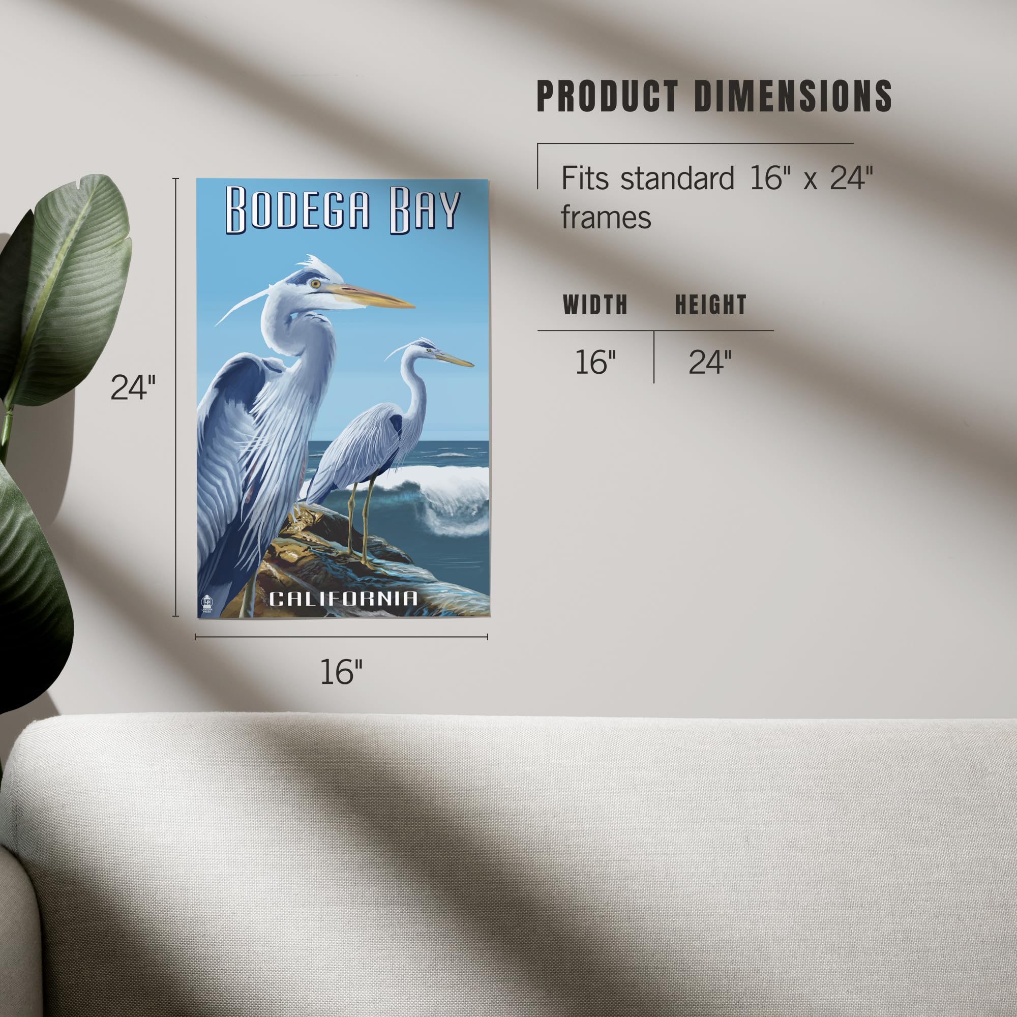Lantern Press 16x24 Inch Giclee Art Print - Bodega Bay California Coastal Landscape with Blue Heron - Perfect for Living Room, Bedroom or Office Wall Decor