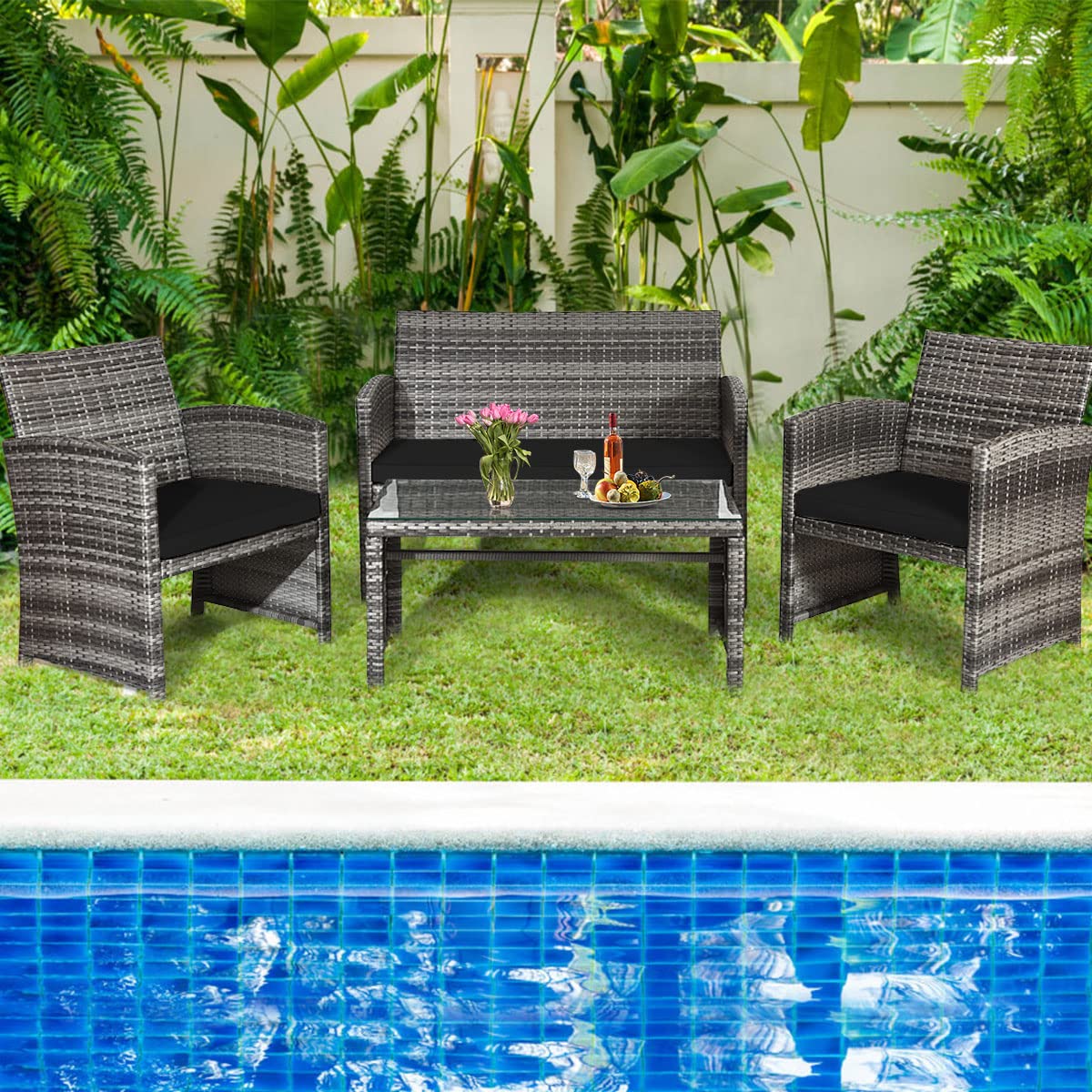 Tangkula 4-Piece Wicker Patio Conversation Set - Outdoor Rattan Sofa Set with Coffee Table, Cushioned Seating & Tempered Glass Top - Perfect for Poolside, Balcony, Garden or Backyard Relaxation