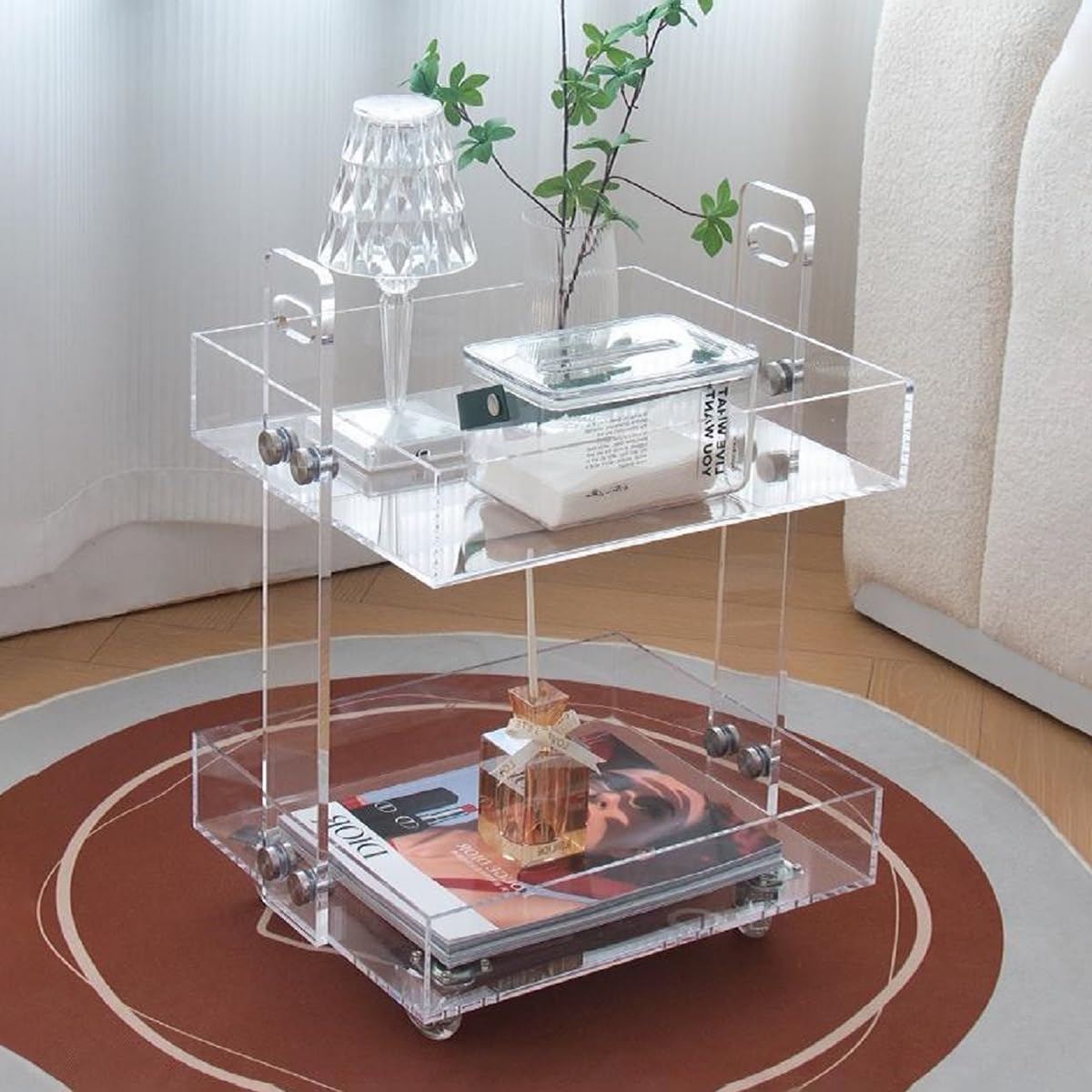 Gdrasuya10 2-Tier Clear Acrylic Rolling Serving Cart with Wheels - 16 Inch Mobile Side Table for Living Room, Bedroom, Party & Balcony - Perfect for Snacks, Drinks, Books & Home Decor Storage