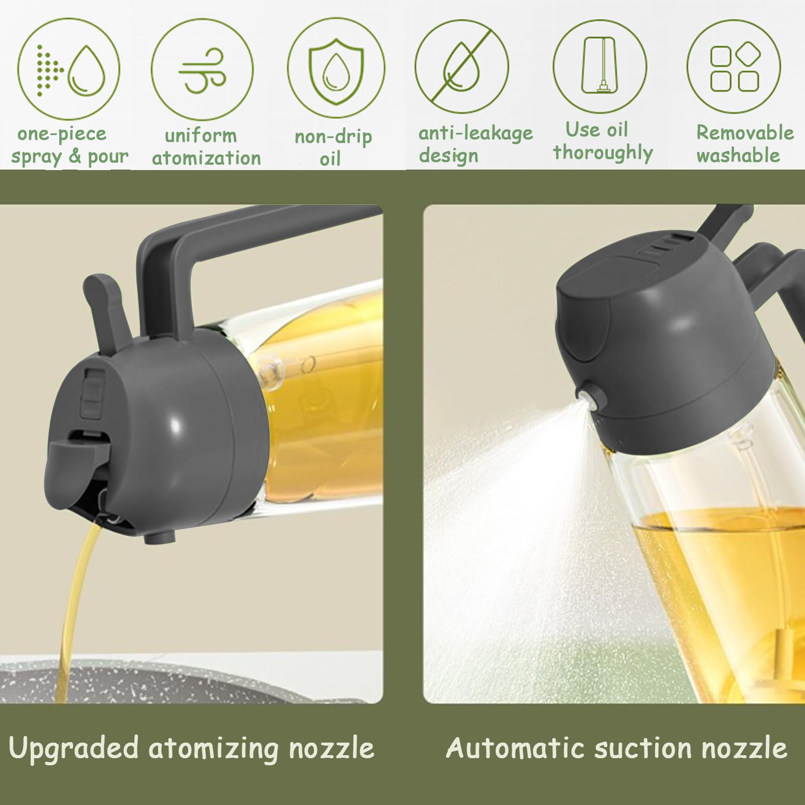 Premium 2-in-1 Oil Dispenser & Sprayer for Kitchen - 470ml Food Grade Cooking Oil Spray Bottle (Black) | Perfect for Salad Dressing, Frying, Baking & Healthy Cooking