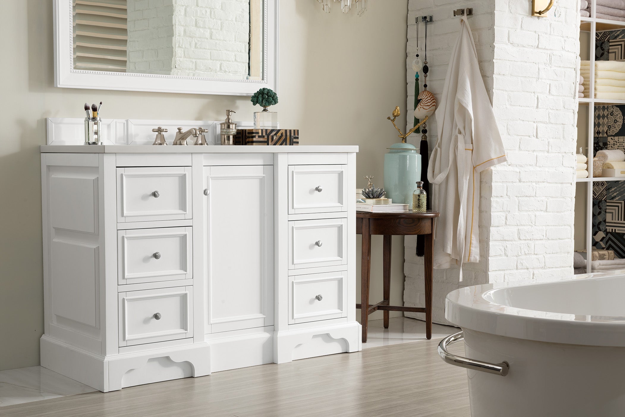 De Soto 48 Inch Single Bathroom Vanity Set with 3CM Classic White Quartz Countertop - Bright White Finish for Modern & Traditional Bathrooms