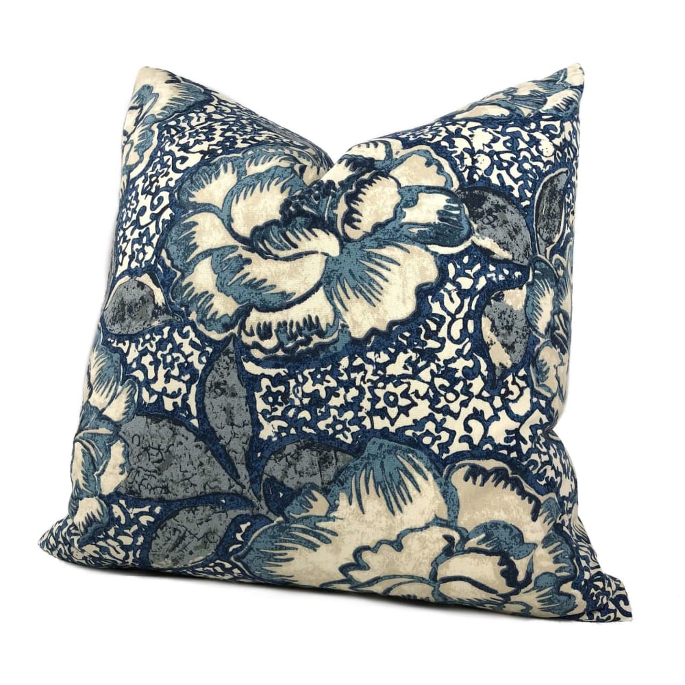 Robert Allen Peony Bloom Indigo Blue Beige Floral Cotton Print Pillow Cover - Decorative Throw Pillow Case for Sofa, Bedroom & Living Room - 18x18 Inches Home Decor Accent